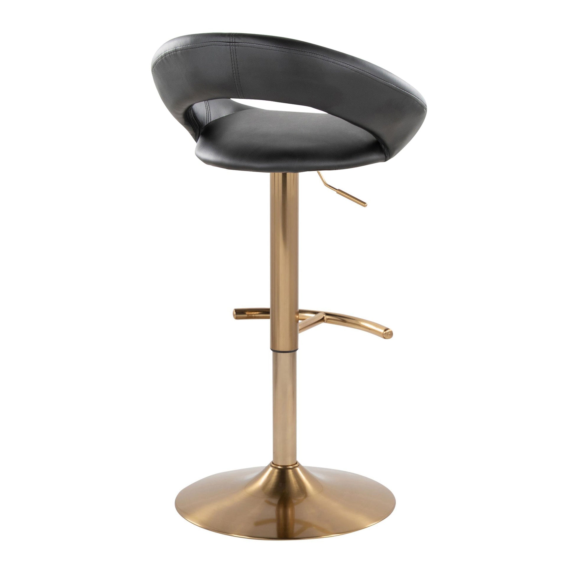 Posh Contemporary/Glam Adjustable Barstool with Swivel in Gold Metal and Black Faux Leather with Rounded T Footrest by LumiSource - Set of 2