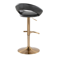 Posh Contemporary/Glam Adjustable Barstool with Swivel in Gold Metal and Black Faux Leather with Rounded T Footrest by LumiSource - Set of 2