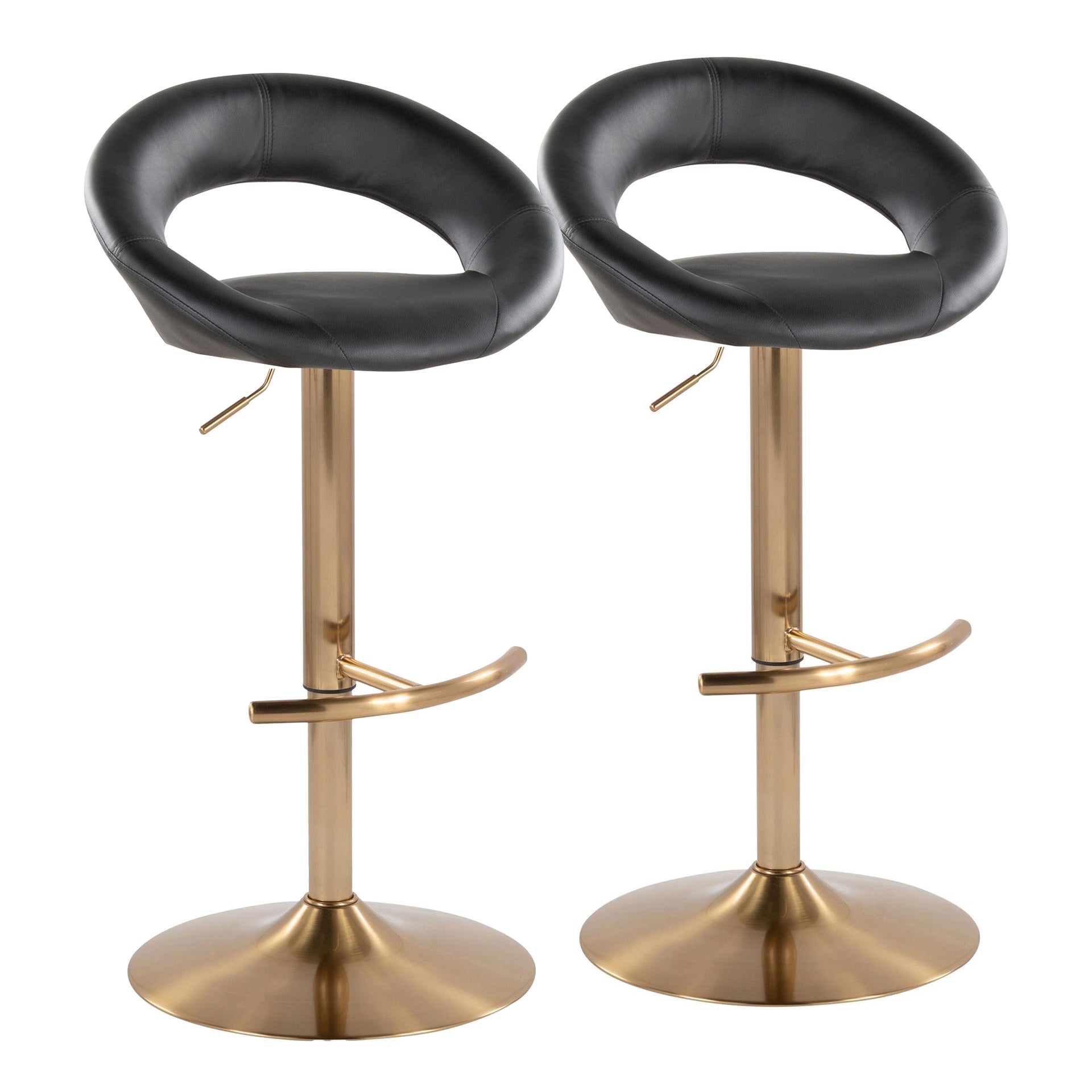 Posh Contemporary/Glam Adjustable Barstool with Swivel in Gold Metal and Black Faux Leather with Rounded T Footrest by LumiSource - Set of 2