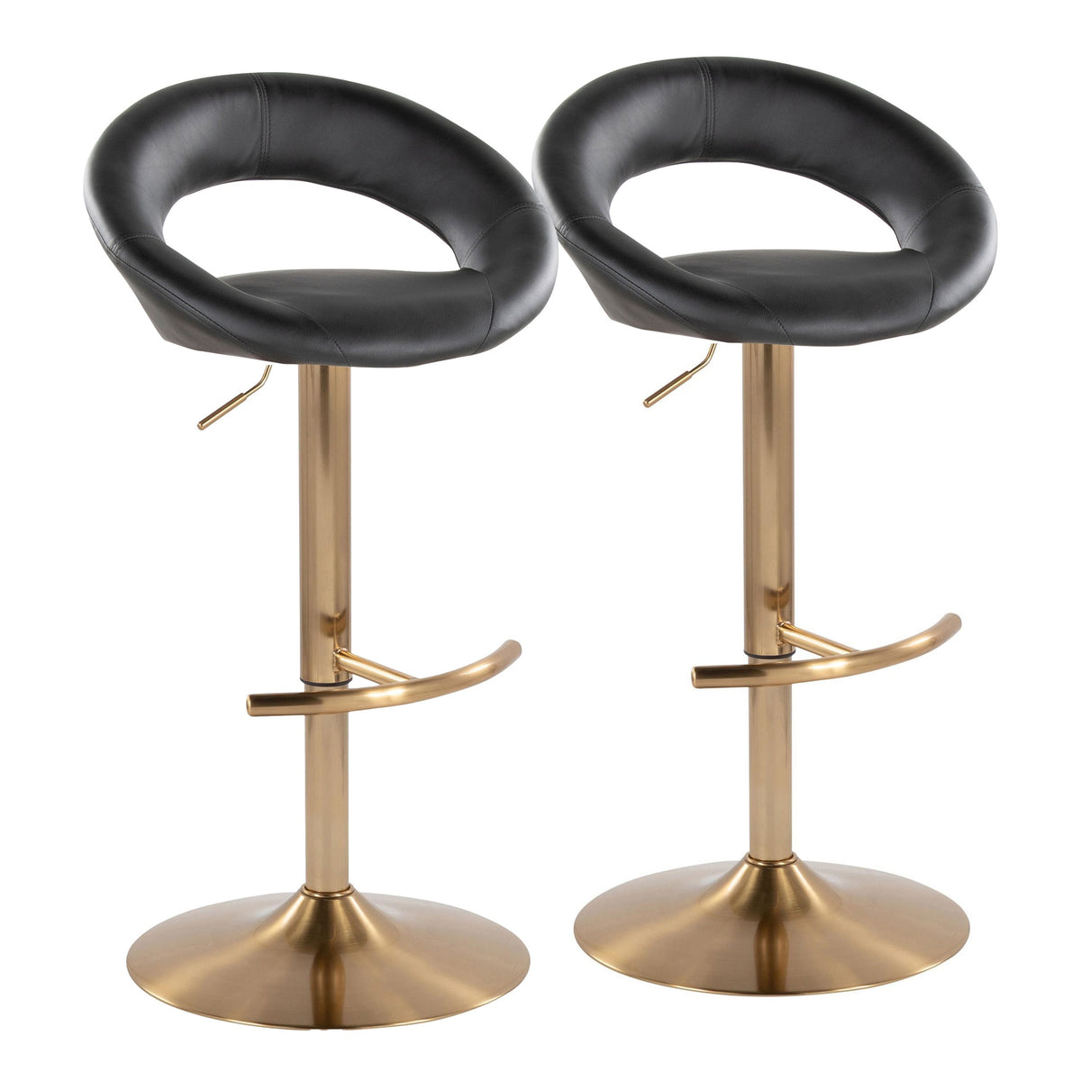 Posh Contemporary/Glam Adjustable Barstool with Swivel in Gold Metal and Black Faux Leather with Rounded T Footrest by LumiSource - Set of 2