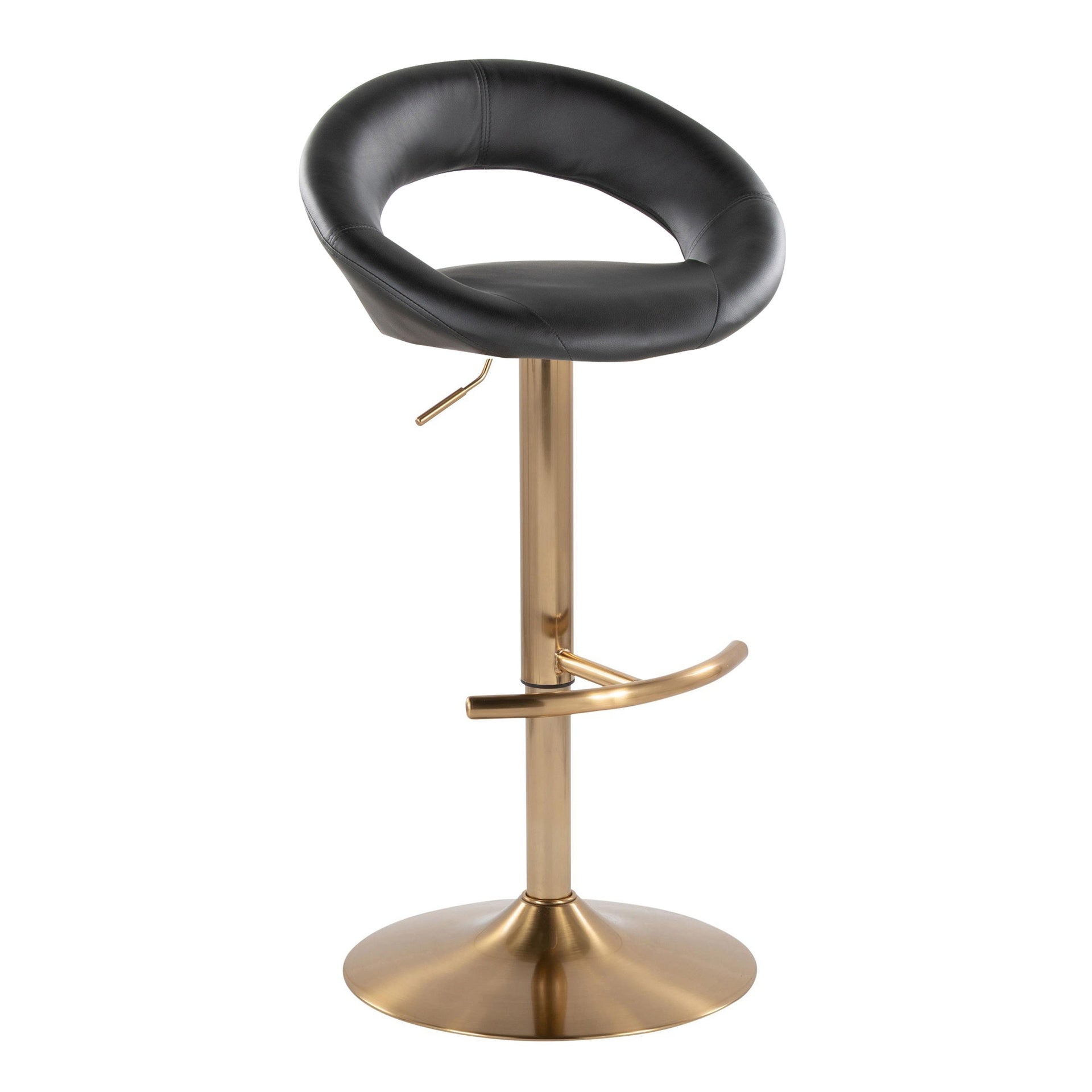Posh Contemporary/Glam Adjustable Barstool with Swivel in Gold Metal and Black Faux Leather with Rounded T Footrest by LumiSource - Set of 2