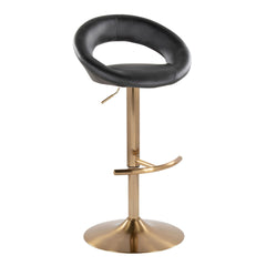 Posh Contemporary/Glam Adjustable Barstool with Swivel in Gold Metal and Black Faux Leather with Rounded T Footrest by LumiSource - Set of 2