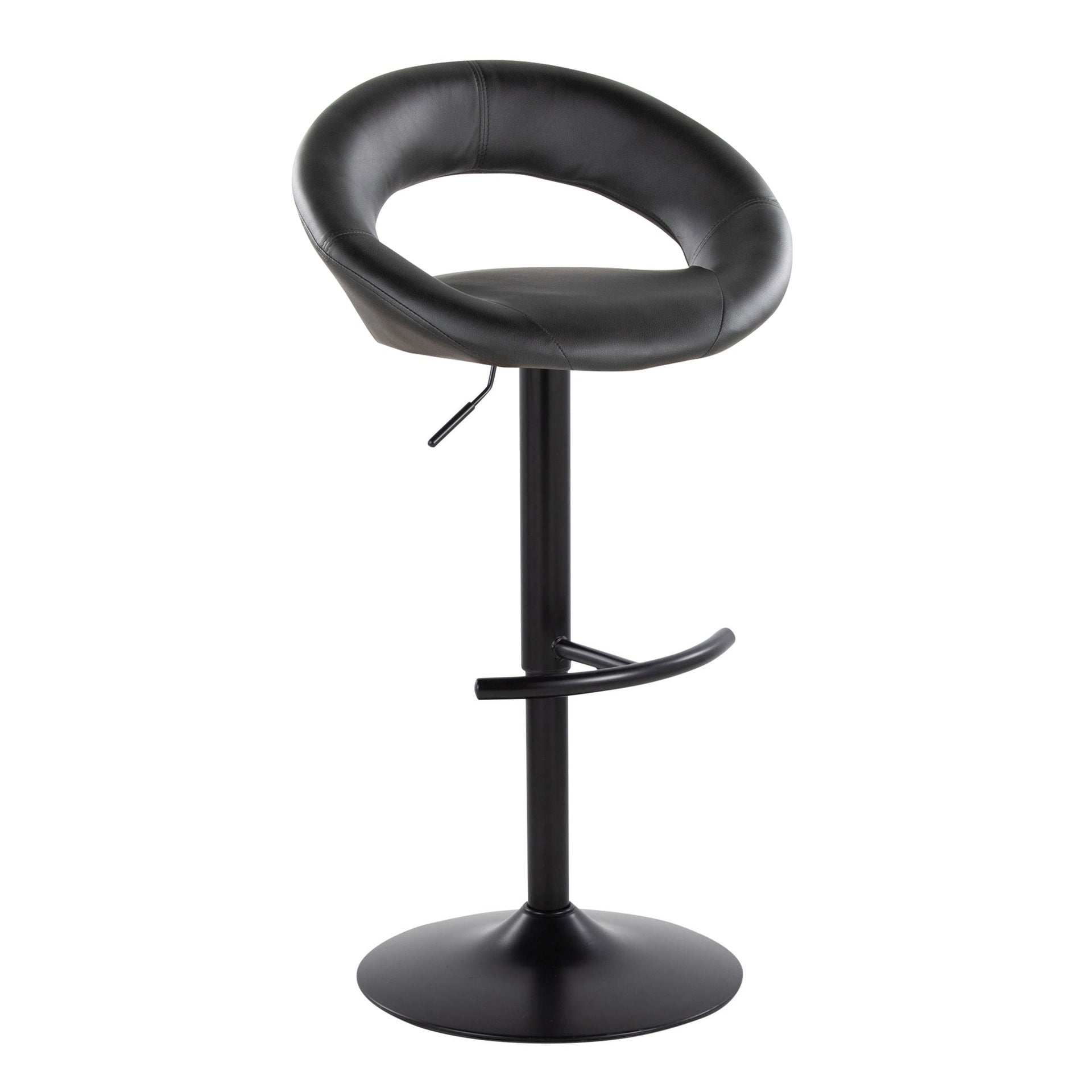 Posh Contemporary Adjustable Barstool with Swivel in Black Metal and Black Faux Leather with Rounded T Footrest by LumiSource - Set of 2