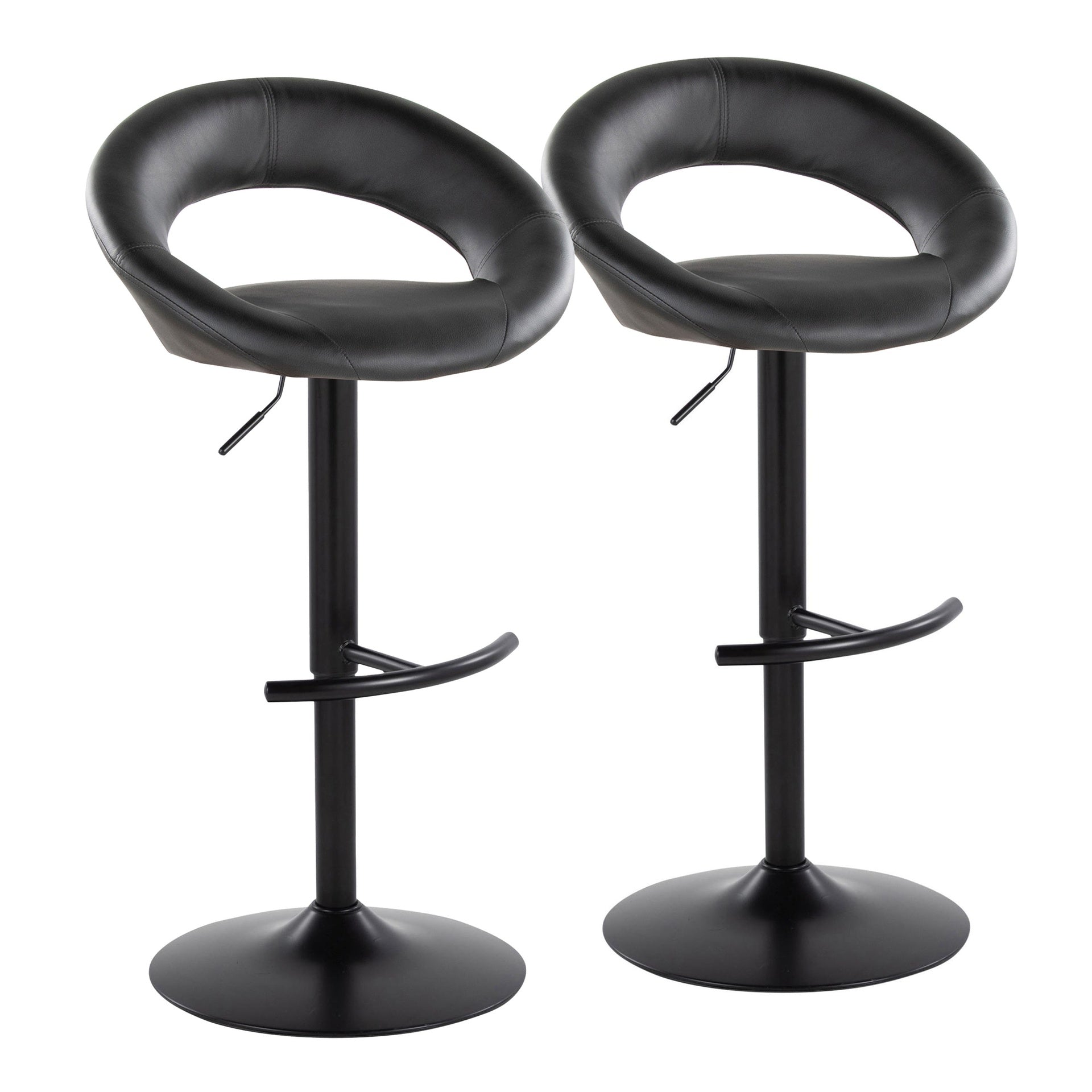 Posh Contemporary Adjustable Barstool with Swivel in Black Metal and Black Faux Leather with Rounded T Footrest by LumiSource - Set of 2