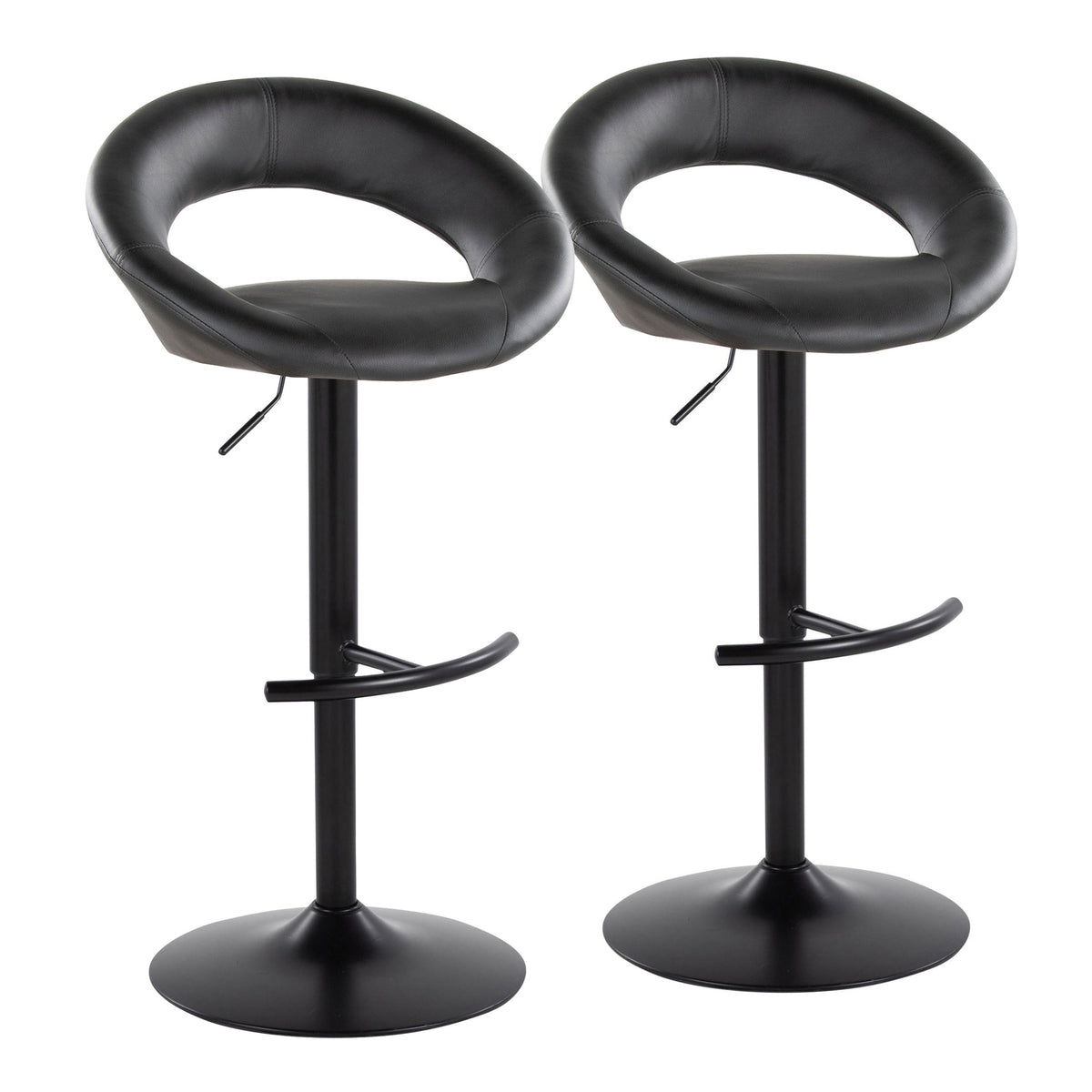 Posh Contemporary Adjustable Barstool with Swivel in Black Metal and Black Faux Leather with Rounded T Footrest by LumiSource - Set of 2