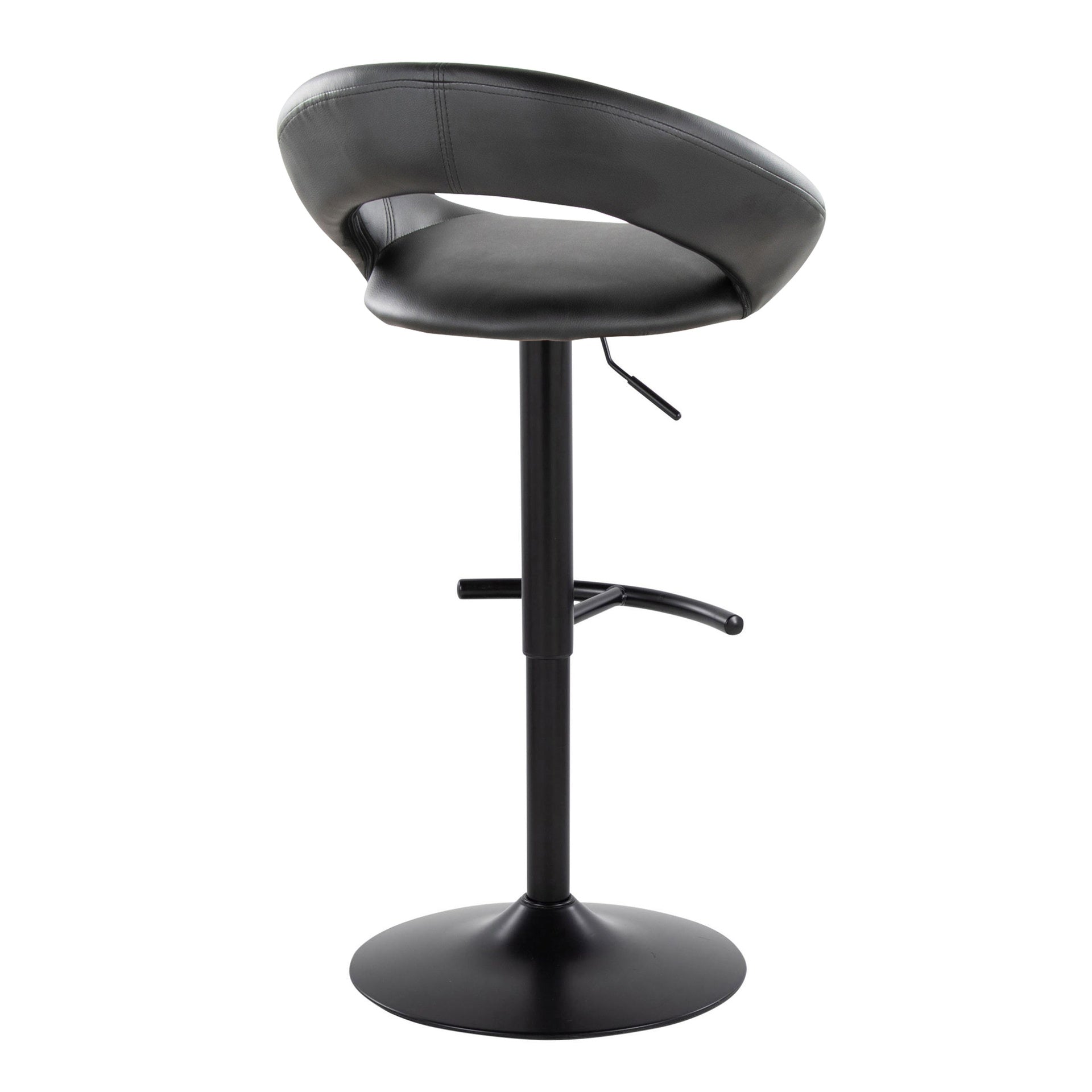Posh Contemporary Adjustable Barstool with Swivel in Black Metal and Black Faux Leather with Rounded T Footrest by LumiSource - Set of 2