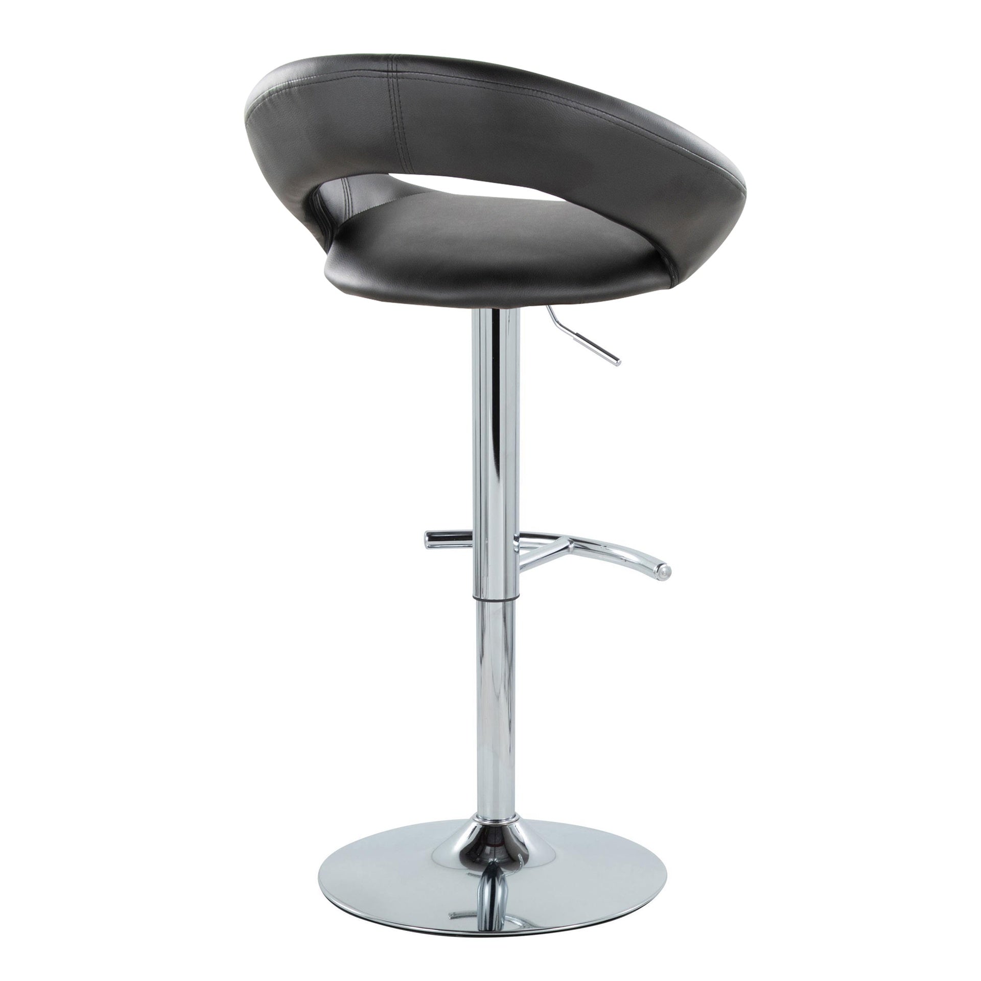 Posh Contemporary Adjustable Barstool with Swivel in Chrome Metal and Black Faux Leather with Rounded T Footrest by LumiSource - Set of 2