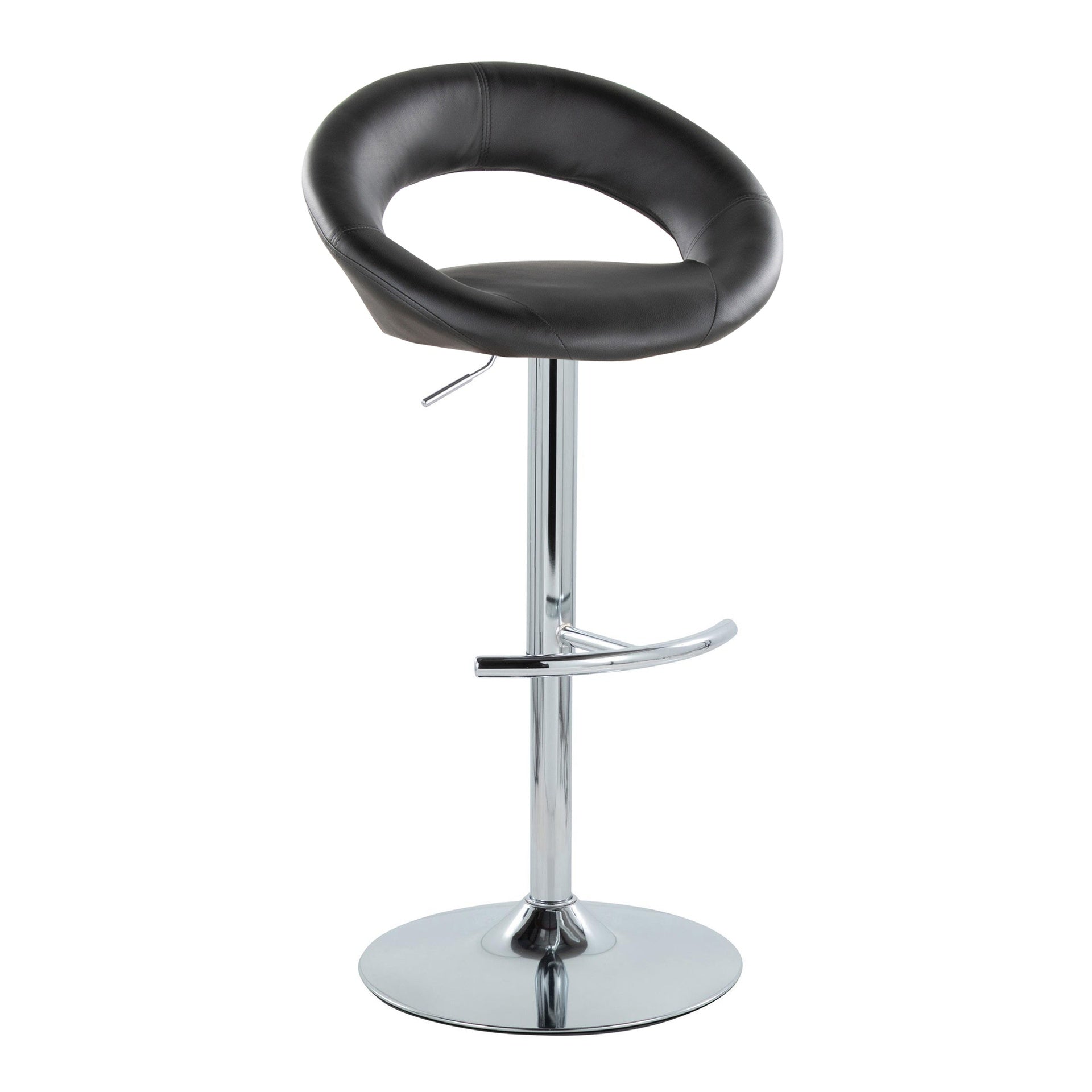 Posh Contemporary Adjustable Barstool with Swivel in Chrome Metal and Black Faux Leather with Rounded T Footrest by LumiSource - Set of 2