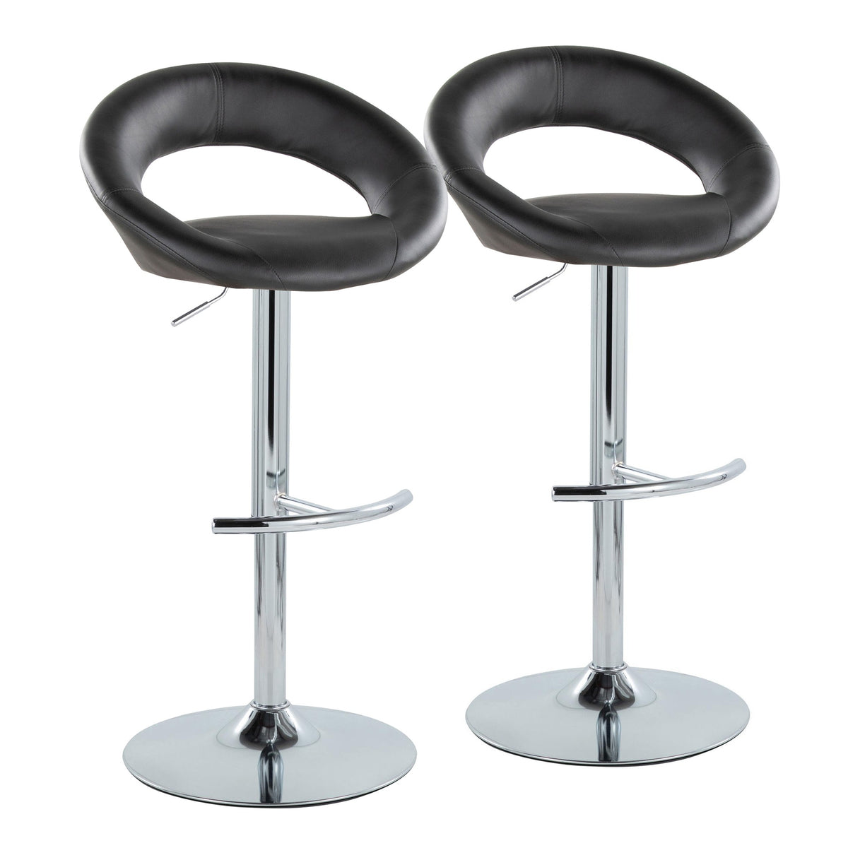 Posh Contemporary Adjustable Barstool with Swivel in Chrome Metal and Black Faux Leather with Rounded T Footrest by LumiSource - Set of 2