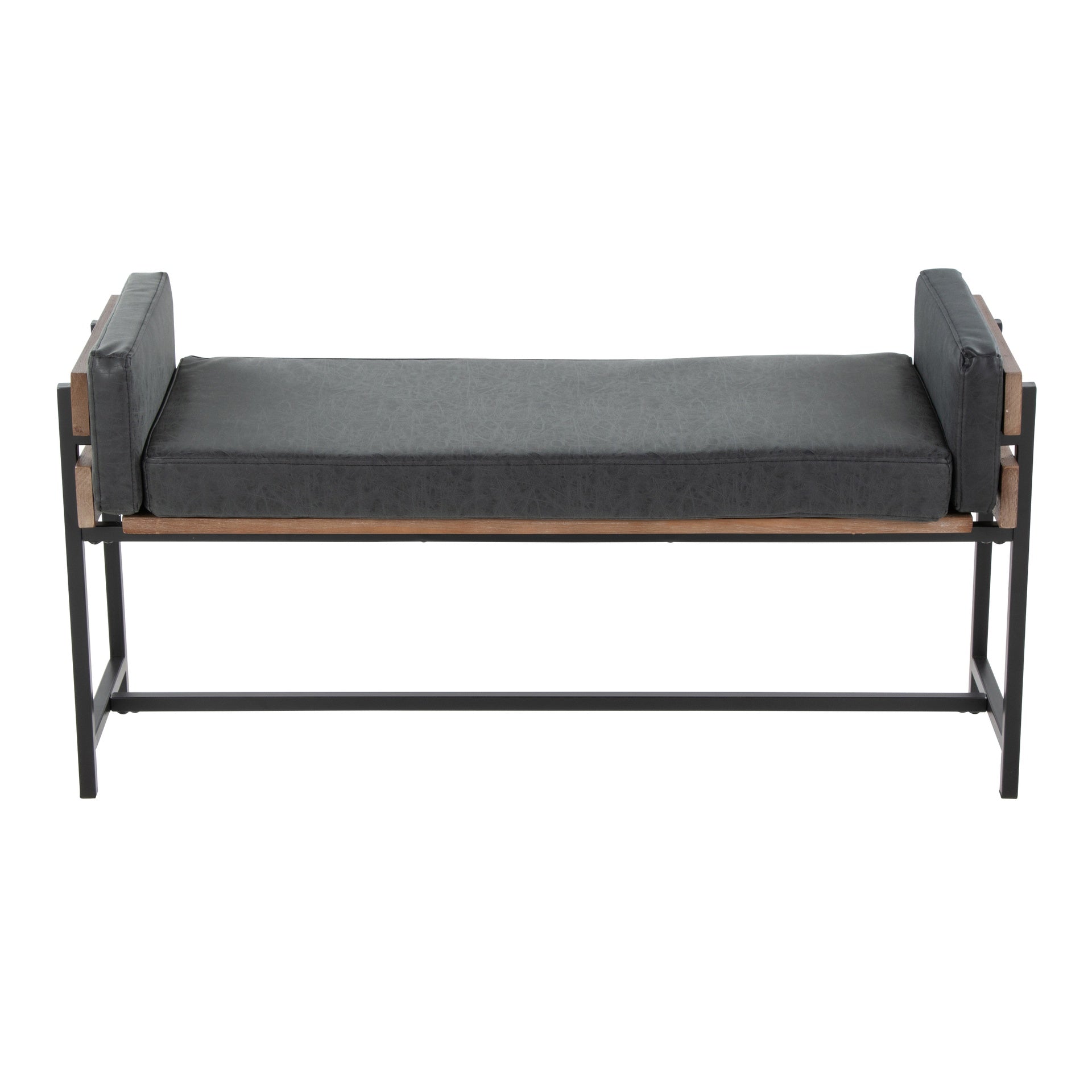 Kari 18" Farmhouse Bench with Black Metal, Brown Wood and Black Faux Leather by LumiSource