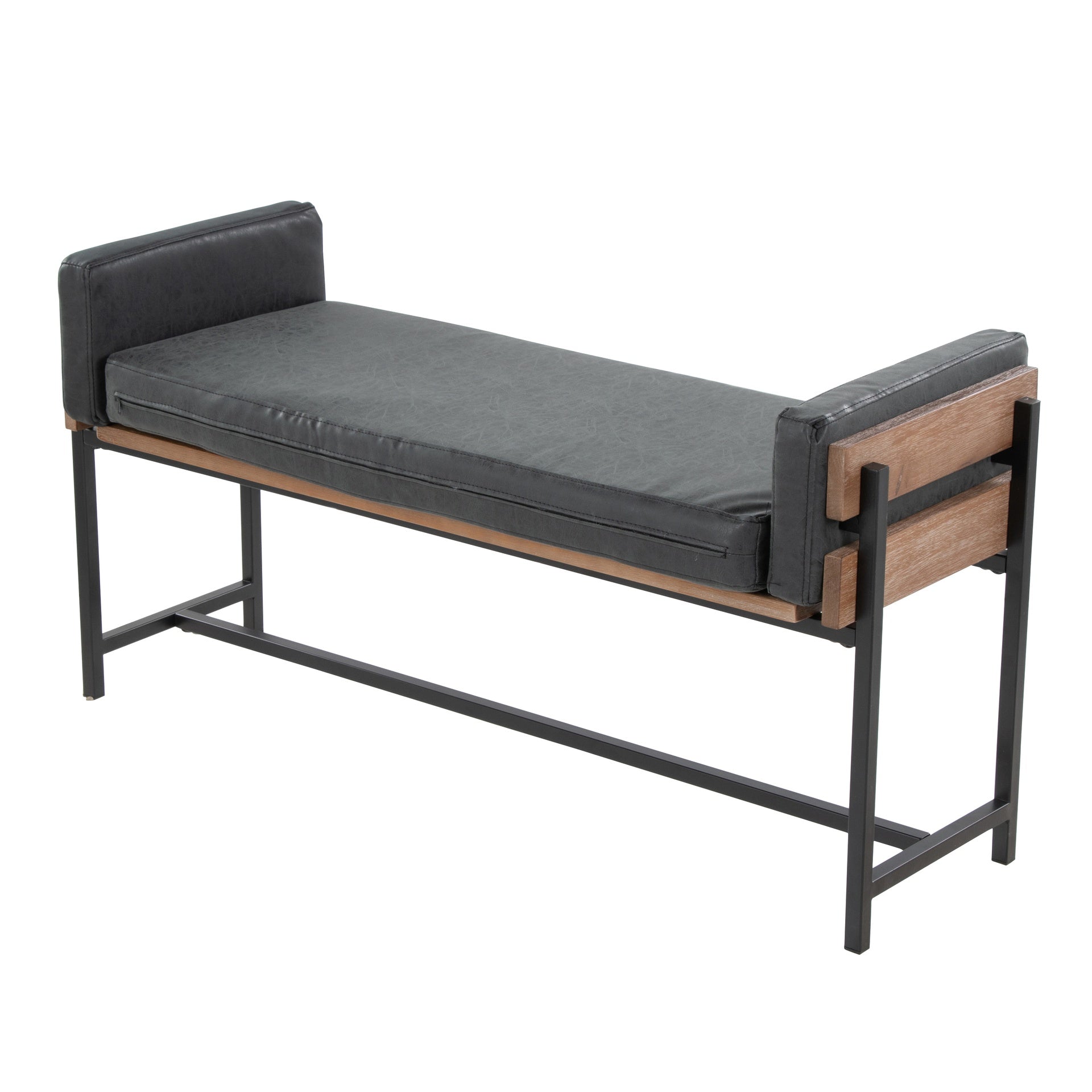 Kari 18" Farmhouse Bench with Black Metal, Brown Wood and Black Faux Leather by LumiSource