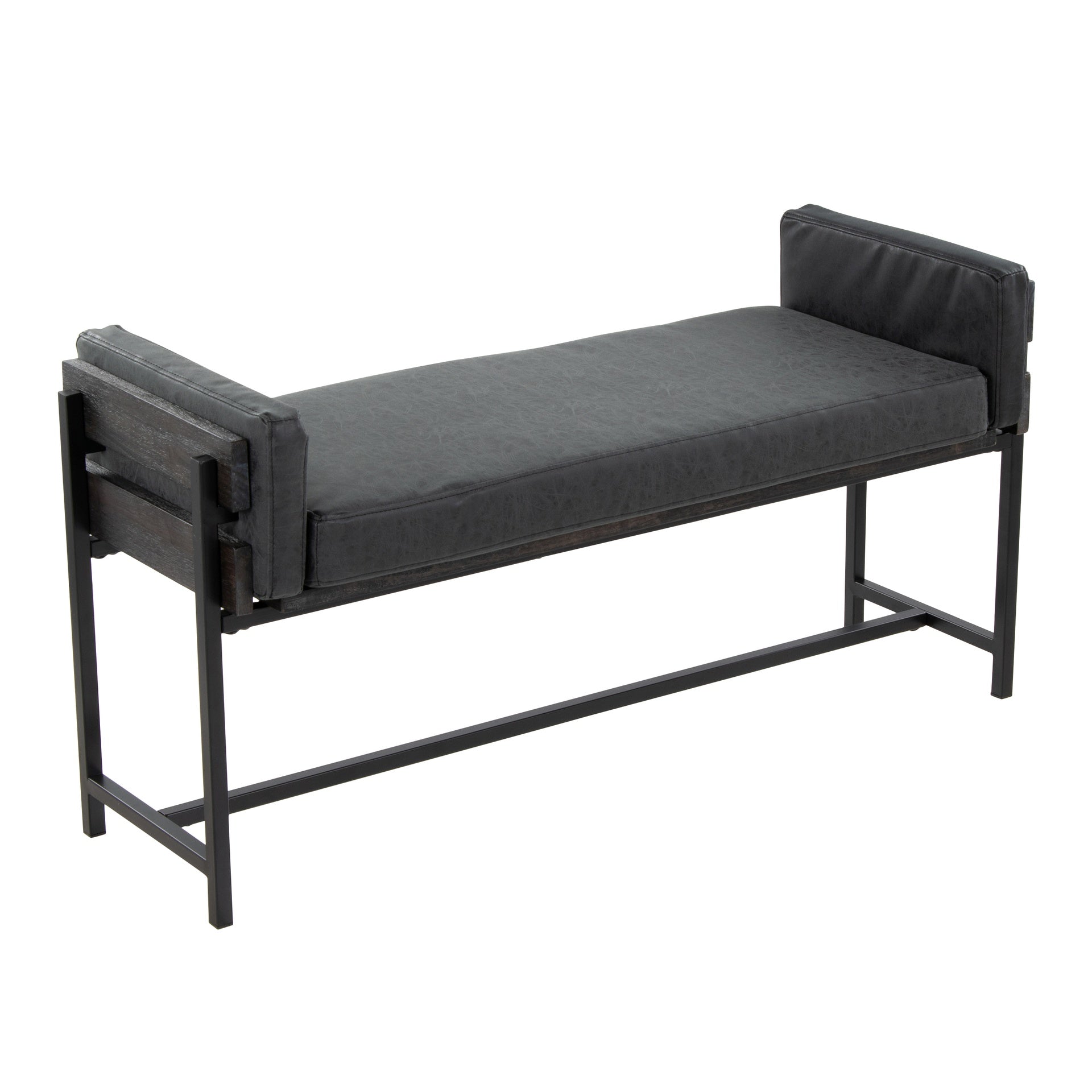 Kari 18" Farmhouse Bench with Black Metal, Grey Wood and Black Faux Leather by LumiSource
