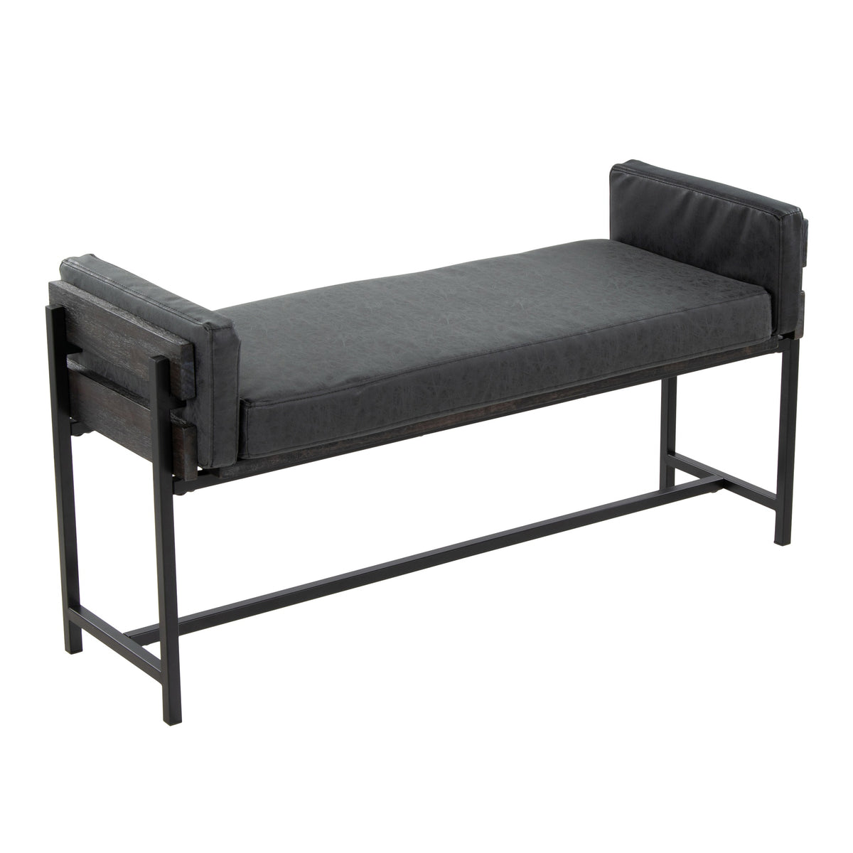 Kari 18" Farmhouse Bench with Black Metal, Grey Wood and Black Faux Leather by LumiSource
