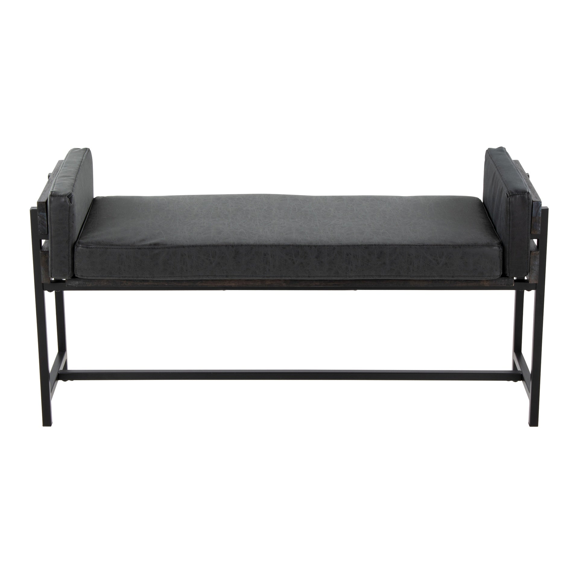 Kari 18" Farmhouse Bench with Black Metal, Grey Wood and Black Faux Leather by LumiSource