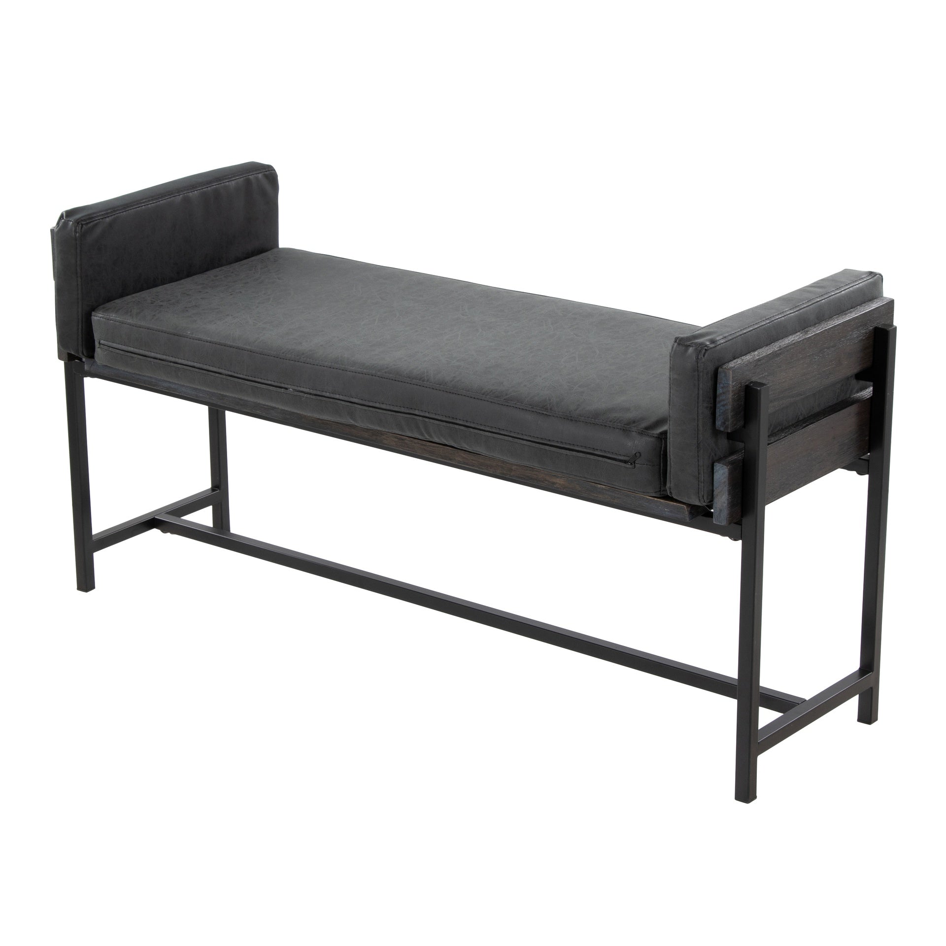 Kari 18" Farmhouse Bench with Black Metal, Grey Wood and Black Faux Leather by LumiSource