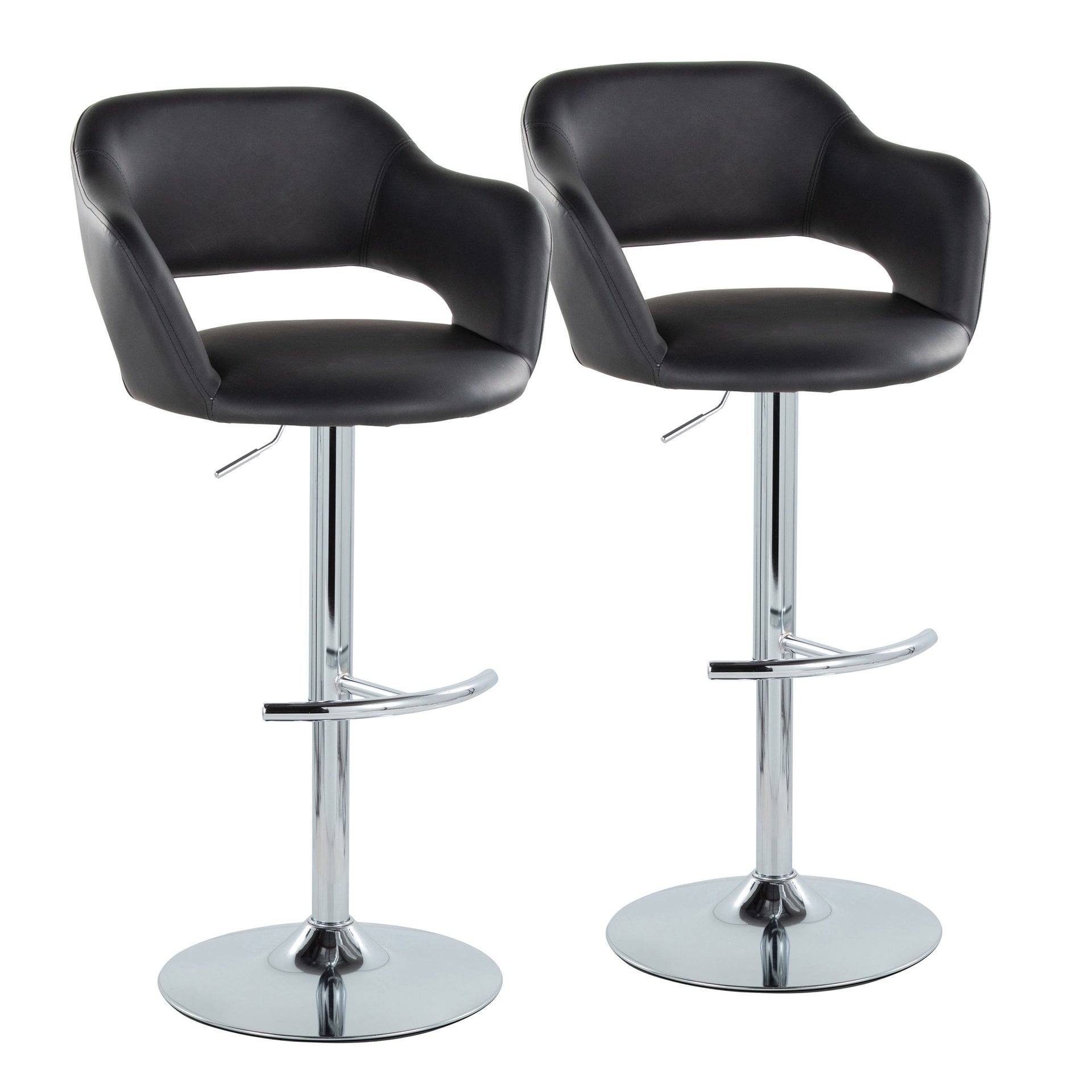 Margarite Contemporary Ajustable Barstool with Swivel in Chrome Metal and Black Faux Leather with Rounded T Footrest by LumiSource - Set of 2