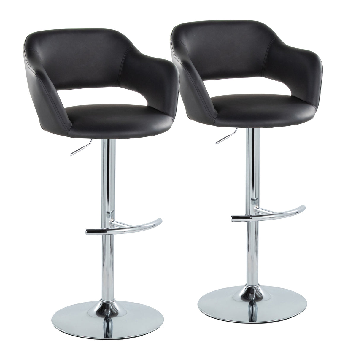 Margarite Contemporary Ajustable Barstool with Swivel in Chrome Metal and Black Faux Leather with Rounded T Footrest by LumiSource - Set of 2