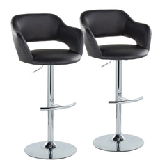 Margarite Contemporary Ajustable Barstool with Swivel in Chrome Metal and Black Faux Leather with Rounded T Footrest by LumiSource - Set of 2