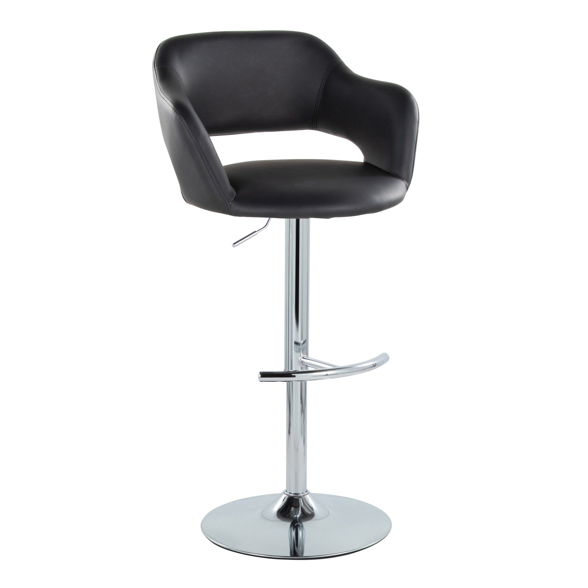 Margarite Contemporary Ajustable Barstool with Swivel in Chrome Metal and Black Faux Leather with Rounded T Footrest by LumiSource - Set of 2