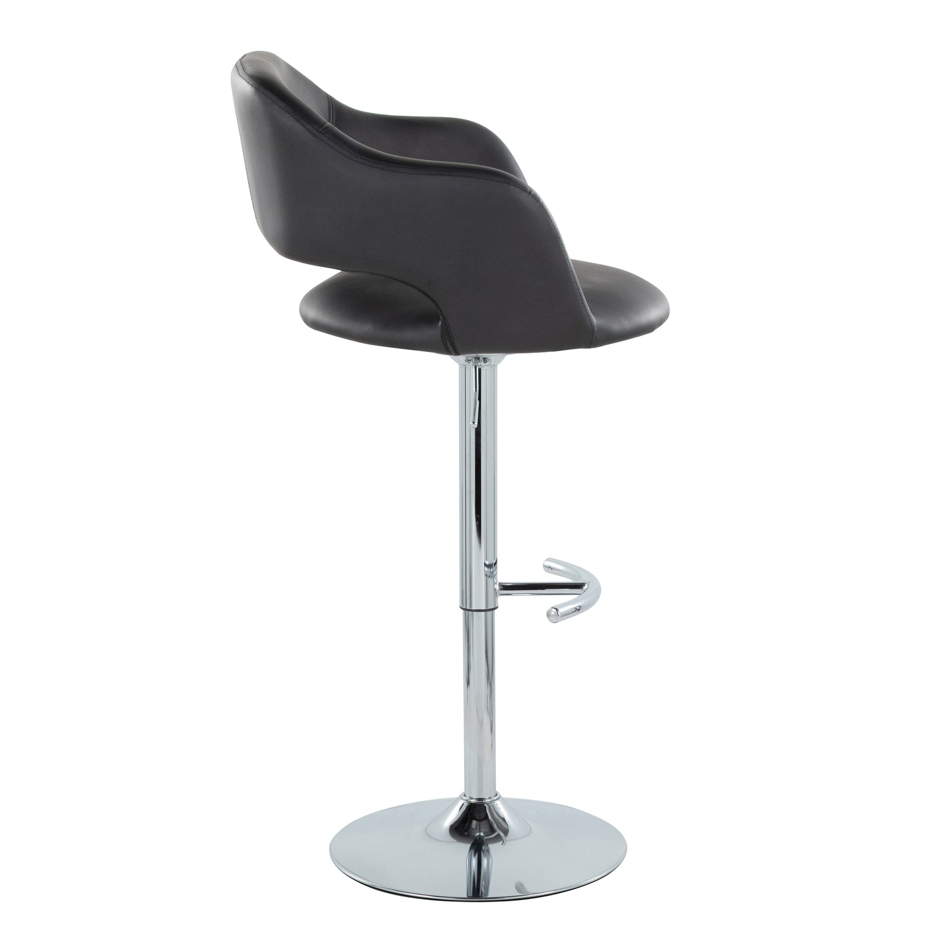 Margarite Contemporary Ajustable Barstool with Swivel in Chrome Metal and Black Faux Leather with Rounded T Footrest by LumiSource - Set of 2