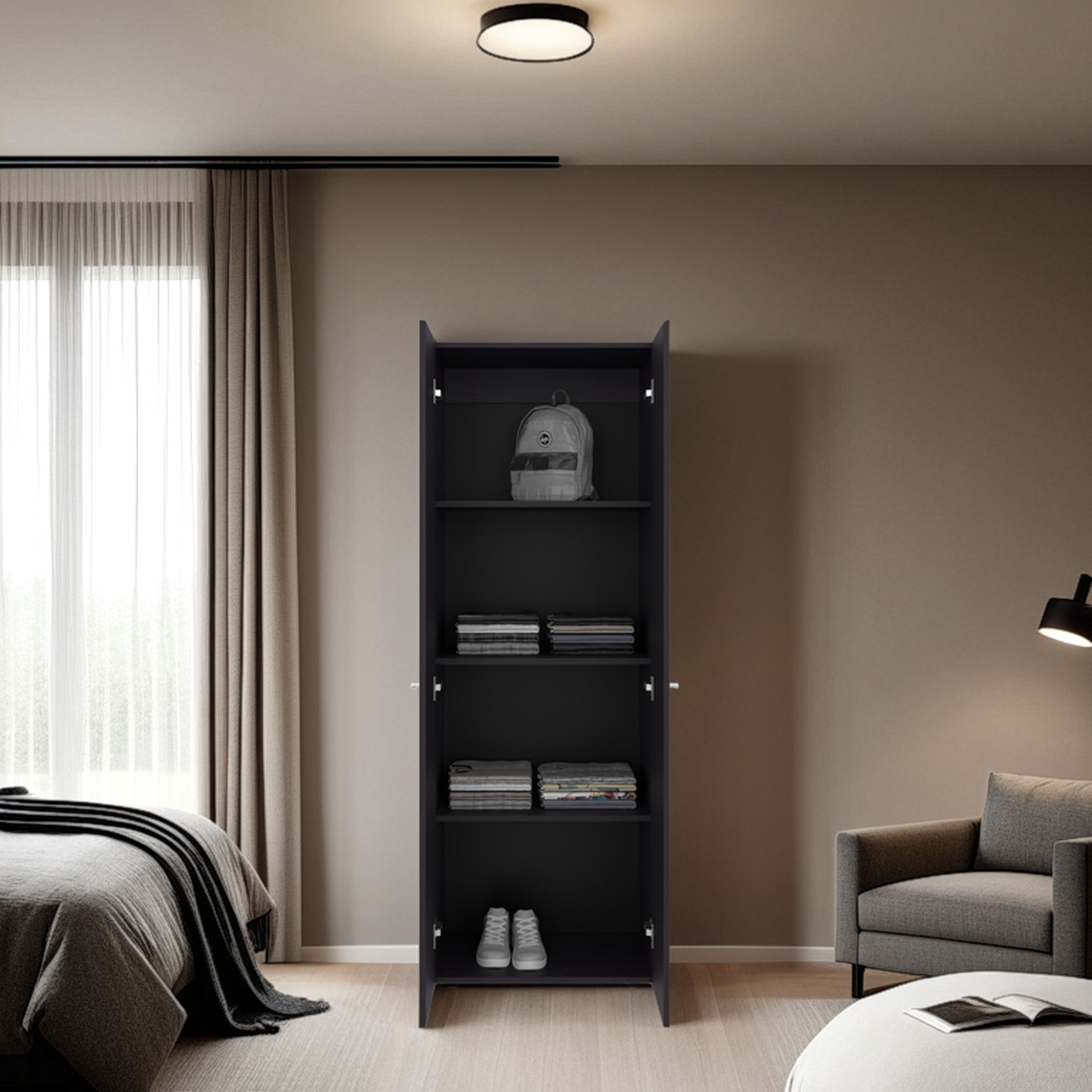 FM FURNITURE World 2-Door Tall Wardrobe Cabinet, 4 Shelves, Vertical Storage, 66.9 inchH 鈥 Bedroom, Wenge