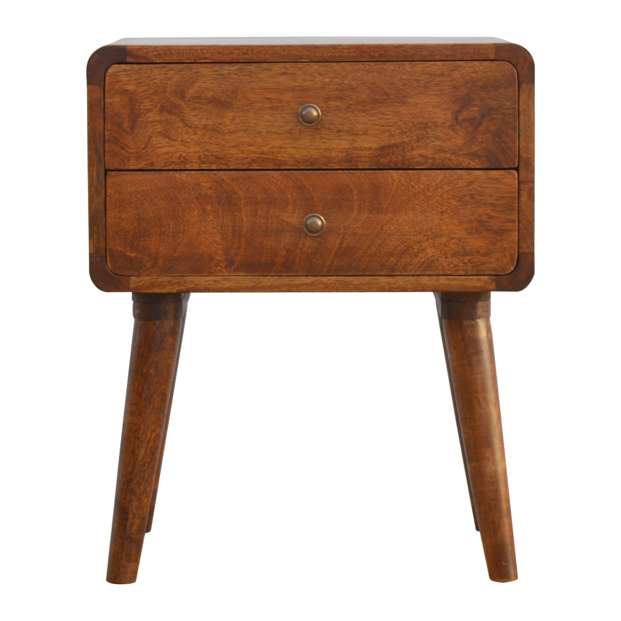 Solid Wood Curved Nightstand, 2-Drawers, Chestnut, Brown