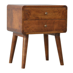Solid Wood Curved Nightstand, 2-Drawers, Chestnut, Brown
