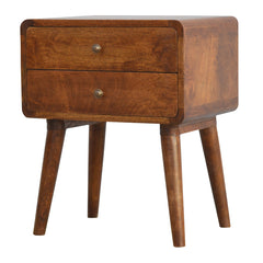 Solid Wood Curved Nightstand, 2-Drawers, Chestnut, Brown