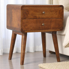 Solid Wood Curved Nightstand, 2-Drawers, Chestnut, Brown