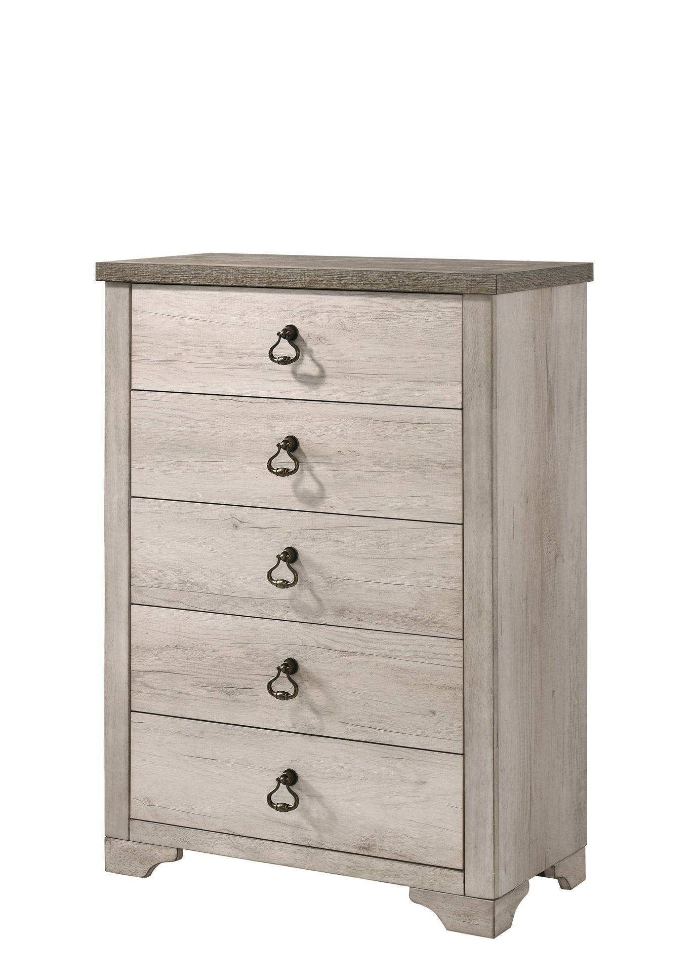 1pc Cottage Style Distressed 5 Drawer Chest Driftwood Finish Contrasting Weathered Brown Top Traditional Ring Pull Hardware Wooden