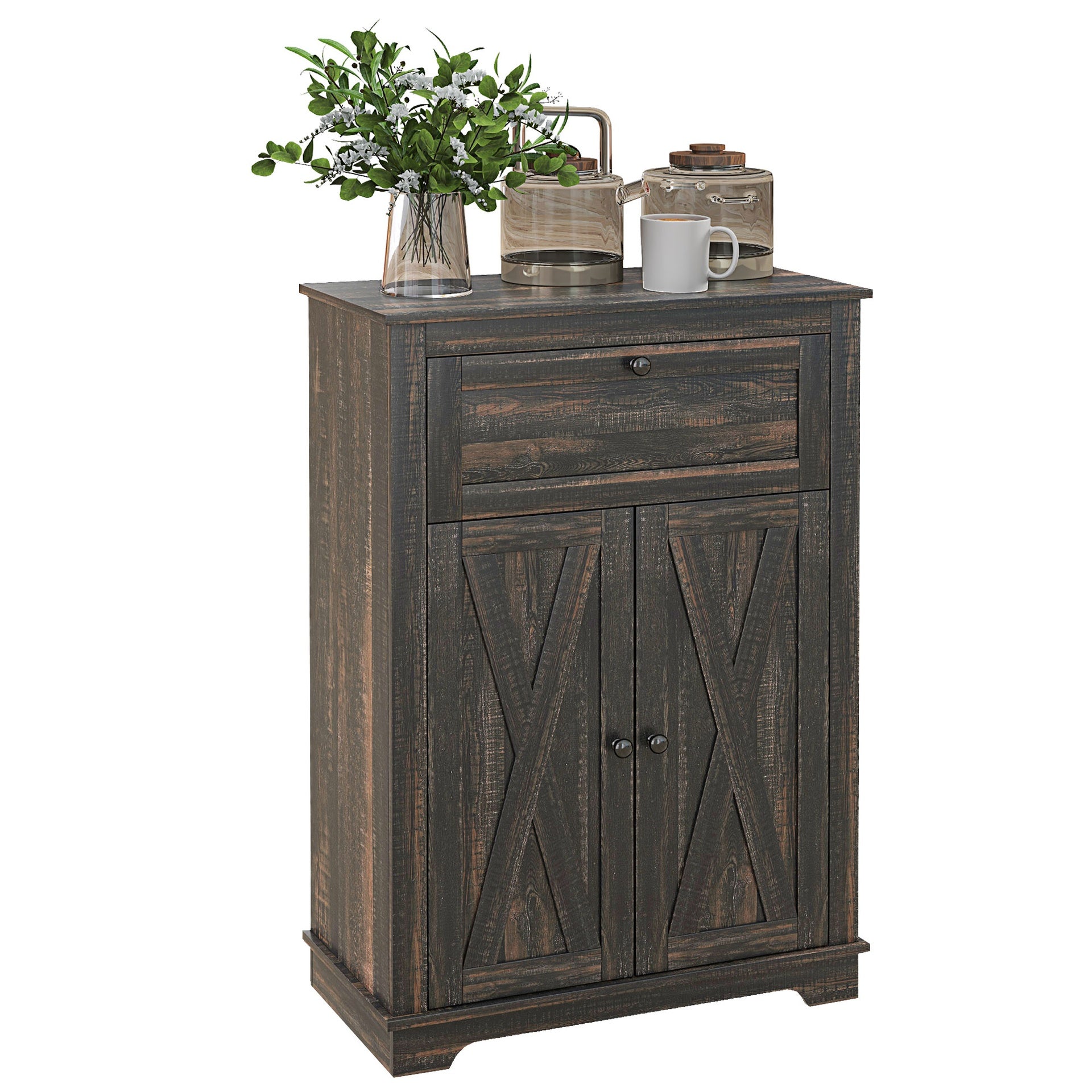 HOMCOM Farmhouse Barn Door Accent Cabinet, Kitchen Sideboard Storage Cabinet with Double Doors, Drawer, and Adjustable Shelf for Bedroom, Living Room, Dark Brown
