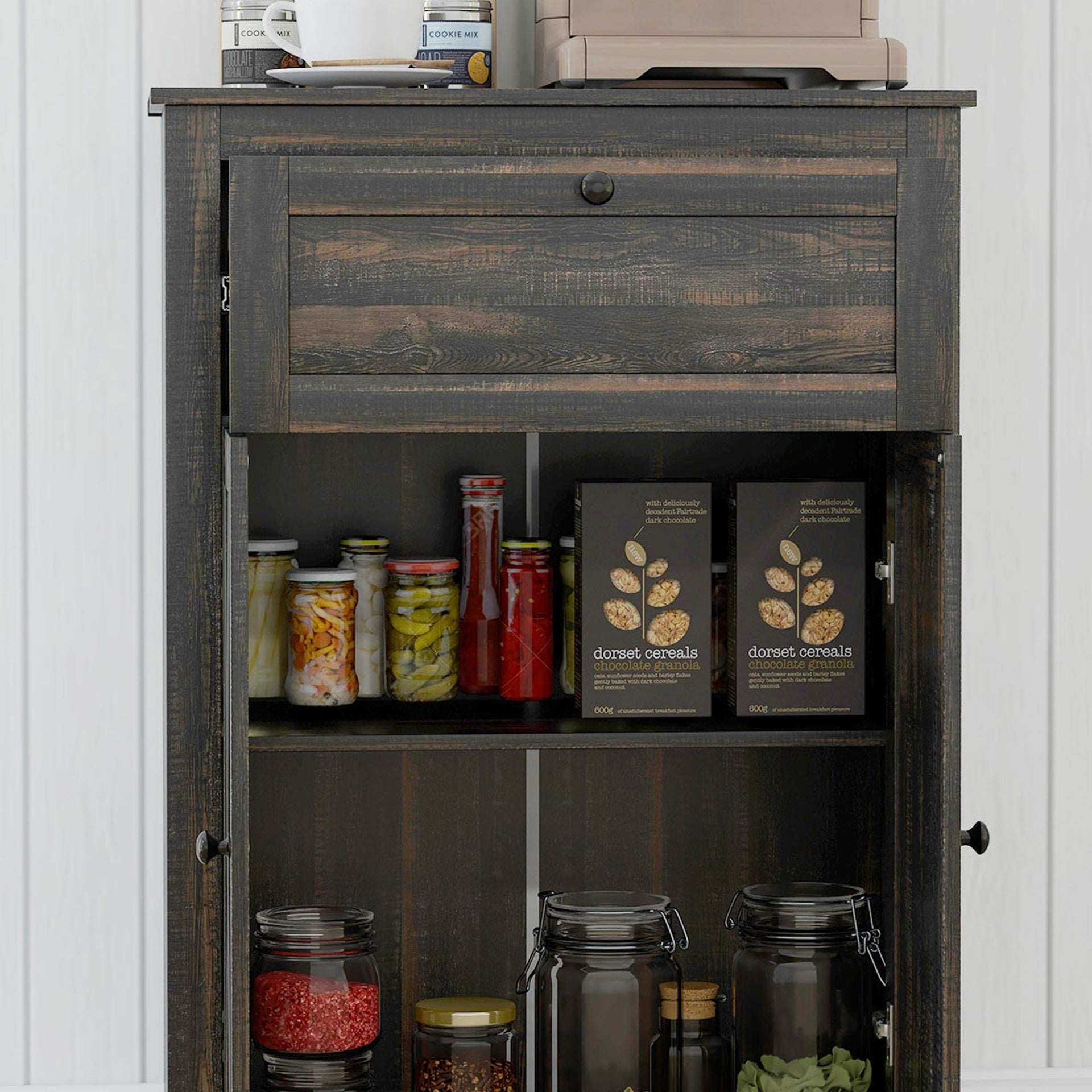HOMCOM Farmhouse Barn Door Accent Cabinet, Kitchen Sideboard Storage Cabinet with Double Doors, Drawer, and Adjustable Shelf for Bedroom, Living Room, Dark Brown