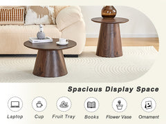 Walnut wood grain medium density fiberboard circular coffee table - diameter 23.6 inches, height 13.7 inches walnut wood grain veneer, exquisite texture, flexible adaptation to circular tabletop.