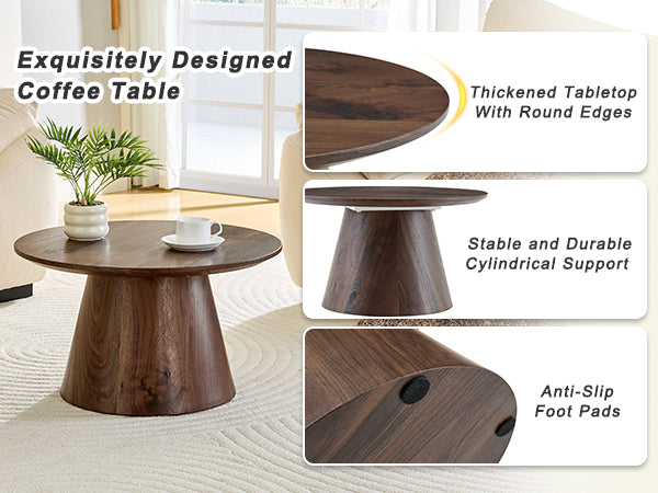 Walnut wood grain medium density fiberboard circular coffee table - diameter 23.6 inches, height 13.7 inches walnut wood grain veneer, exquisite texture, flexible adaptation to circular tabletop.