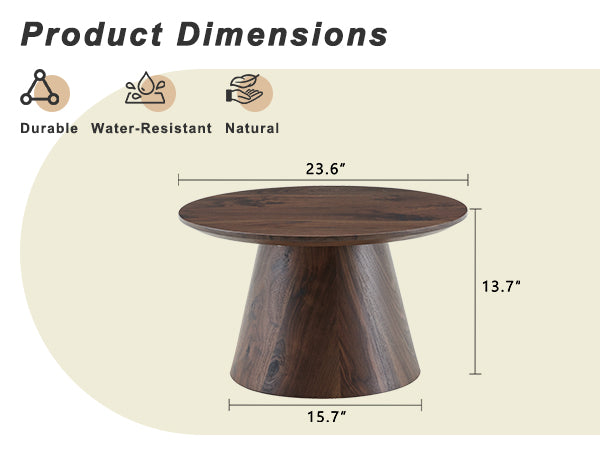 Walnut wood grain medium density fiberboard circular coffee table - diameter 23.6 inches, height 13.7 inches walnut wood grain veneer, exquisite texture, flexible adaptation to circular tabletop.