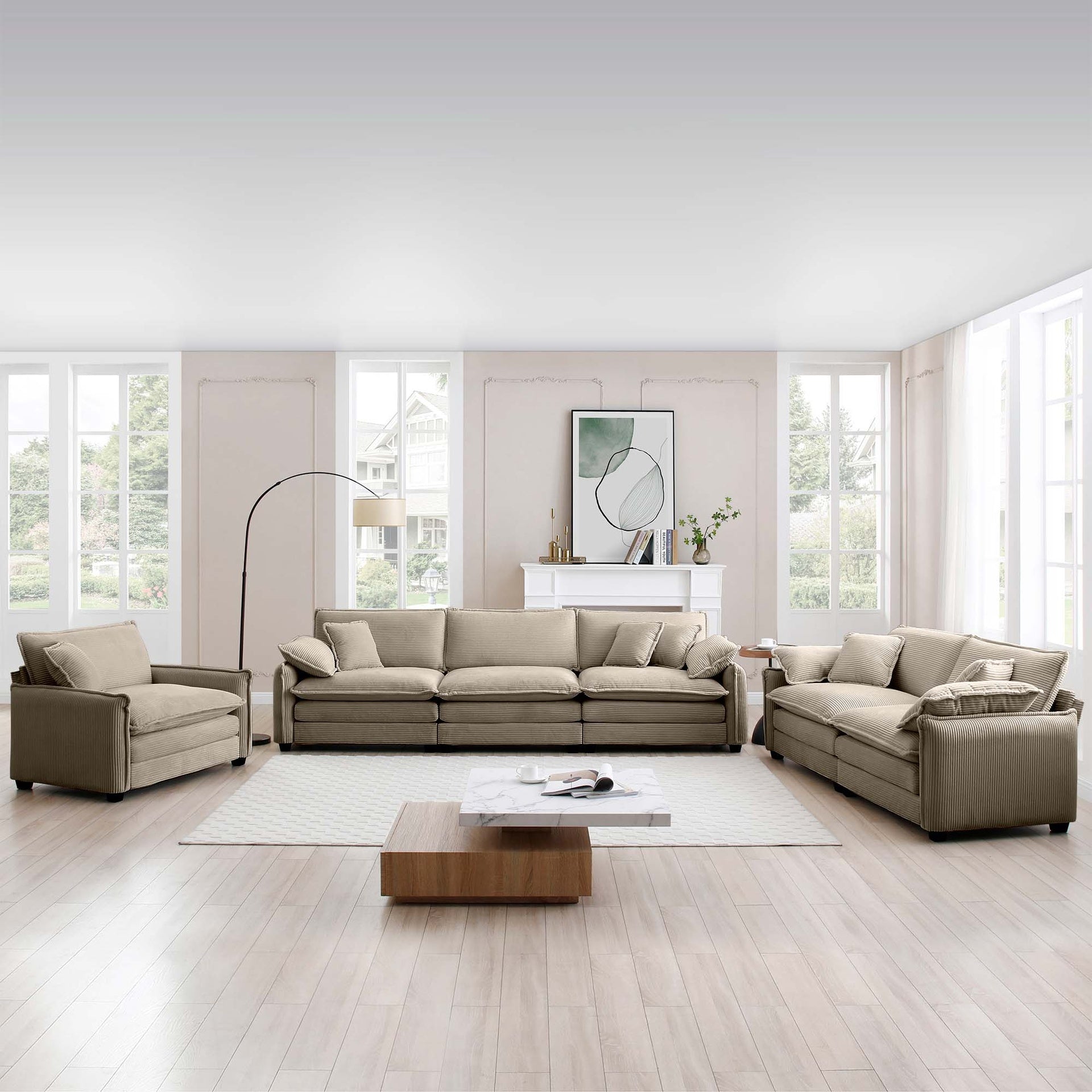 3 Piece  Comfortable Oversized Sectional Sofa, One Single Sofa and One 2-Seater Sofa and One 3-Seater Sofa ,Tan Corduroy Deep Seat Sofa