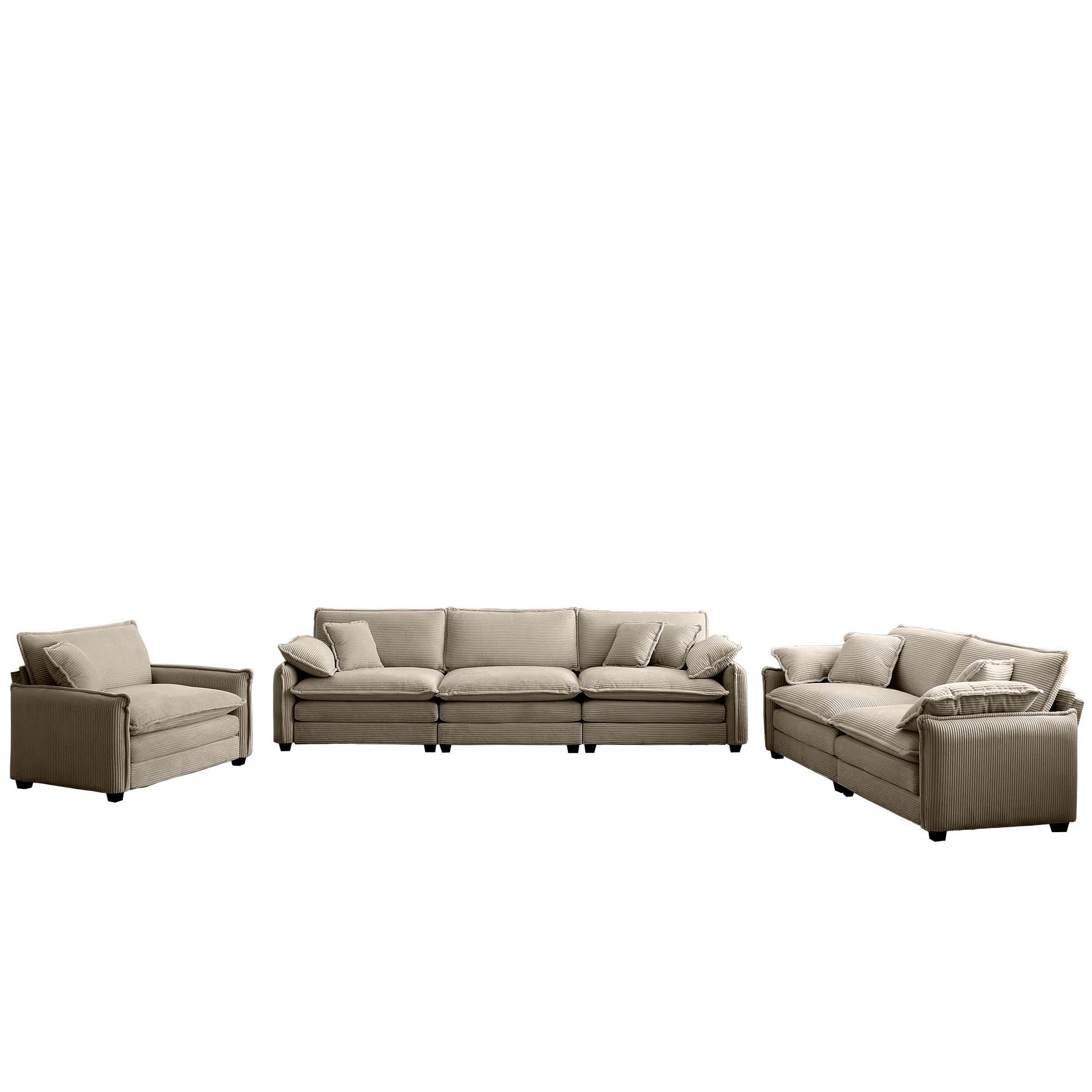 3 Piece  Comfortable Oversized Sectional Sofa, One Single Sofa and One 2-Seater Sofa and One 3-Seater Sofa ,Tan Corduroy Deep Seat Sofa