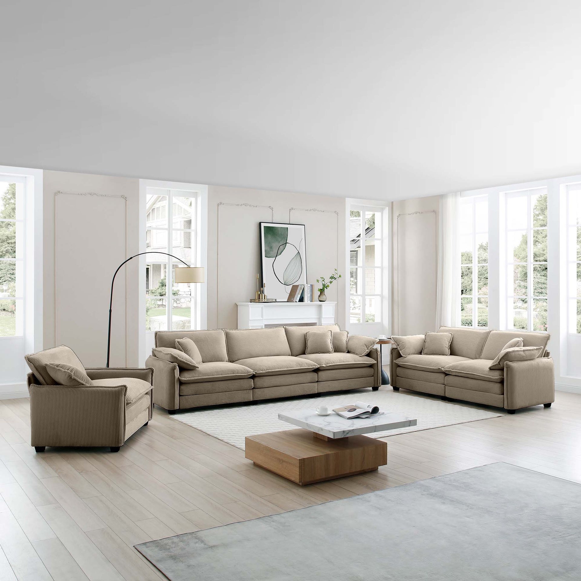 3 Piece  Comfortable Oversized Sectional Sofa, One Single Sofa and One 2-Seater Sofa and One 3-Seater Sofa ,Tan Corduroy Deep Seat Sofa