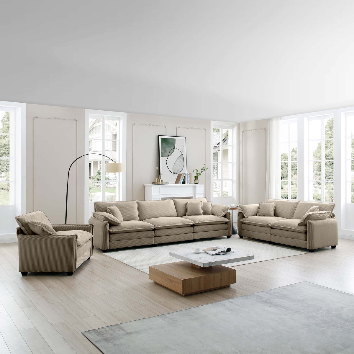 3 Piece  Comfortable Oversized Sectional Sofa, One Single Sofa and One 2-Seater Sofa and One 3-Seater Sofa ,Tan Corduroy Deep Seat Sofa