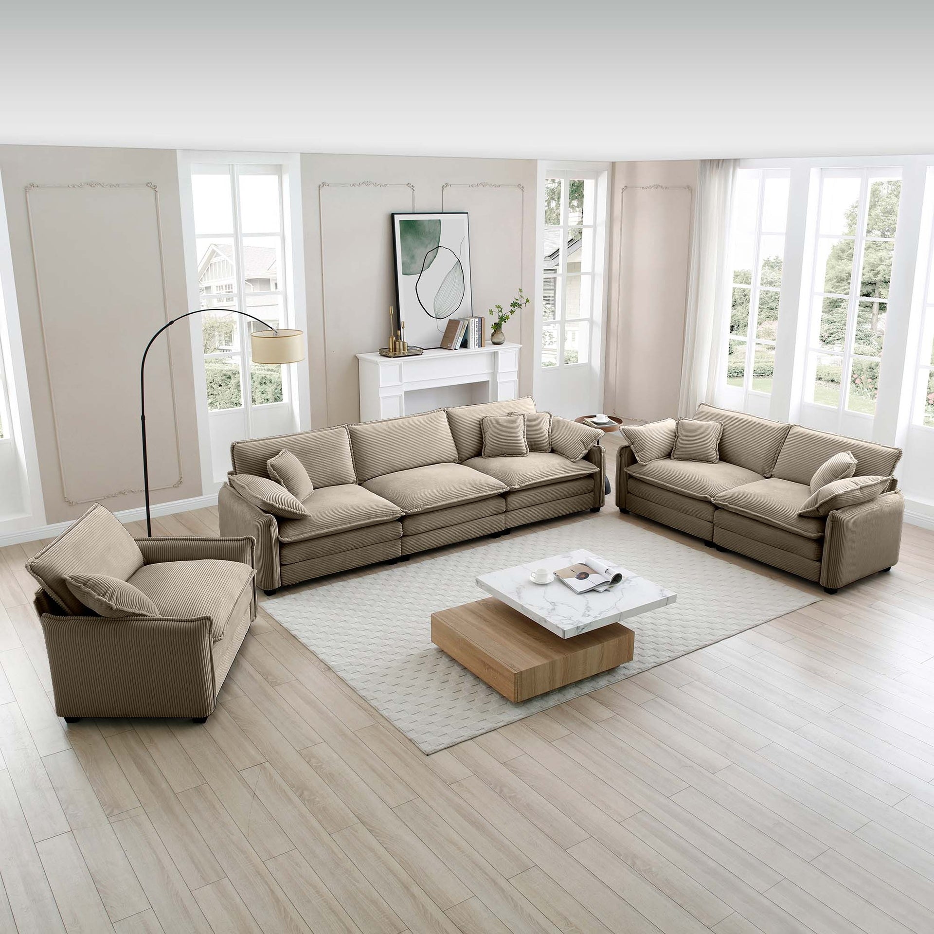 3 Piece  Comfortable Oversized Sectional Sofa, One Single Sofa and One 2-Seater Sofa and One 3-Seater Sofa ,Tan Corduroy Deep Seat Sofa