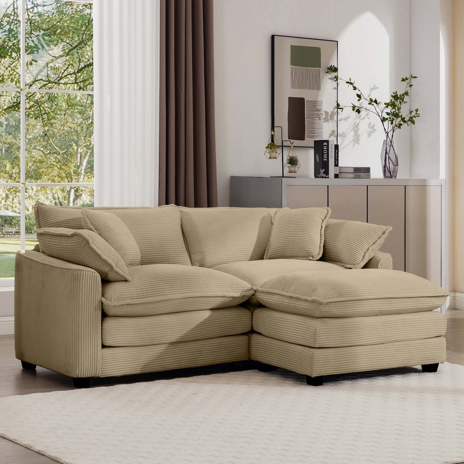 Corduroy Two-Seater Sofa  with 1 Footrest, L-Shaped 2-Seater Sofa with Ottoman for Small Living Spaces, Tan Corduroy Sofa