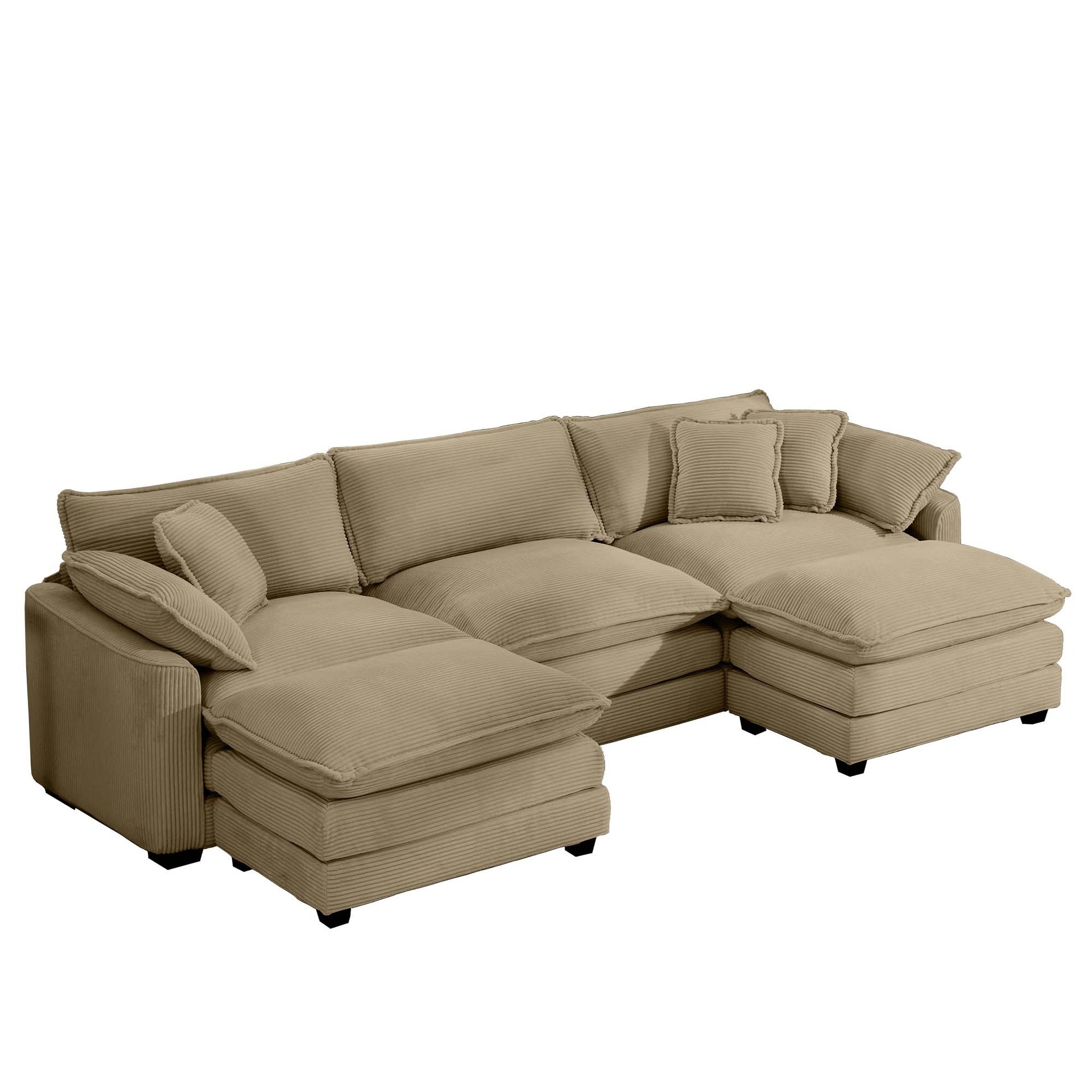 Oversized Modular Cushion Sofa, Portable Ottoman, L-Shaped Corner Low Back Deep Seating Spacious Sofa Set and Sofa Bed for Home Apartment Living Room Set, Tan Corduroy