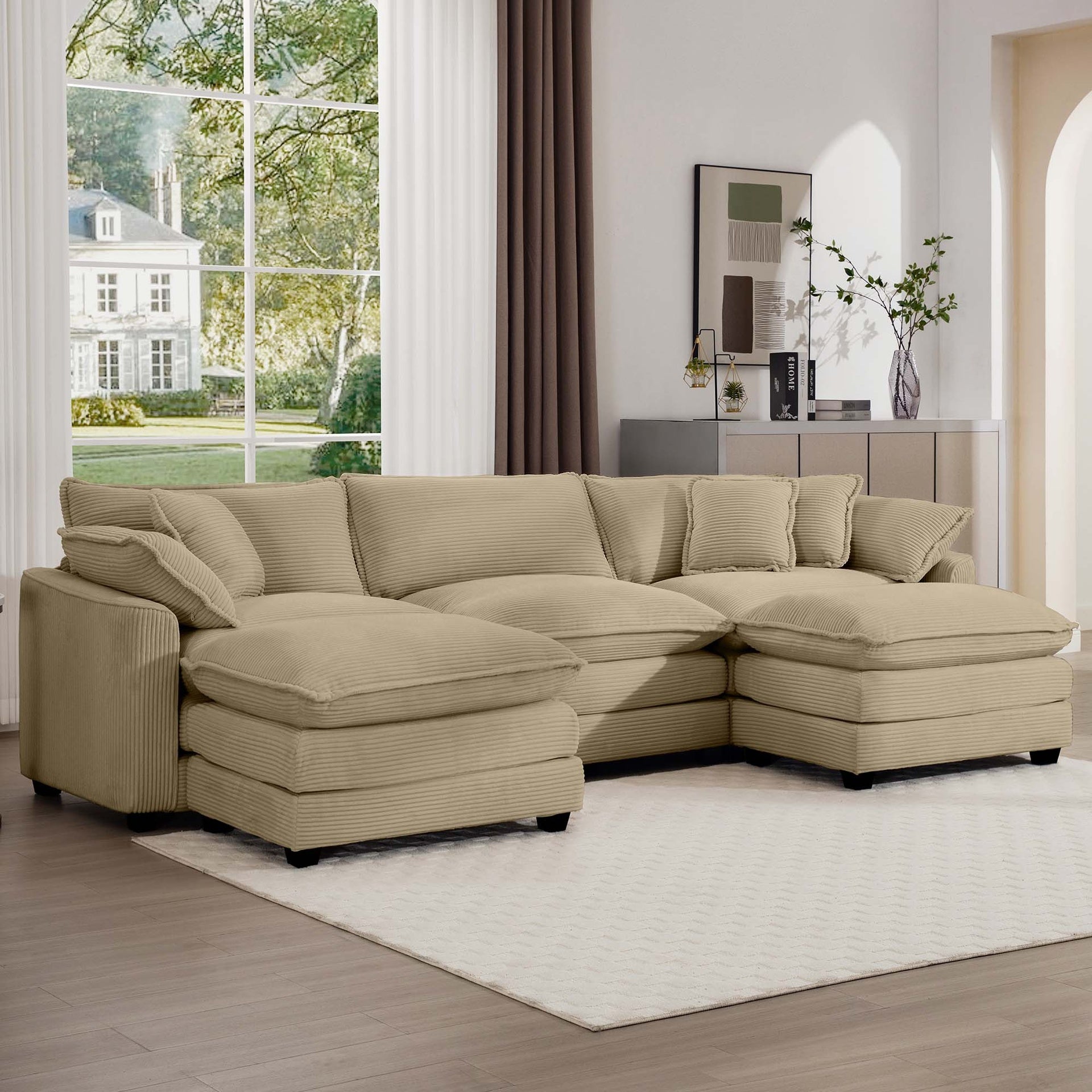 Oversized Modular Cushion Sofa, Portable Ottoman, L-Shaped Corner Low Back Deep Seating Spacious Sofa Set and Sofa Bed for Home Apartment Living Room Set, Tan Corduroy