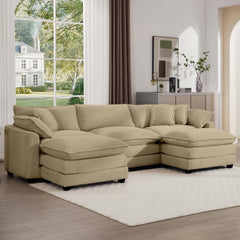 Oversized Modular Cushion Sofa, Portable Ottoman, L-Shaped Corner Low Back Deep Seating Spacious Sofa Set and Sofa Bed for Home Apartment Living Room Set, Tan Corduroy