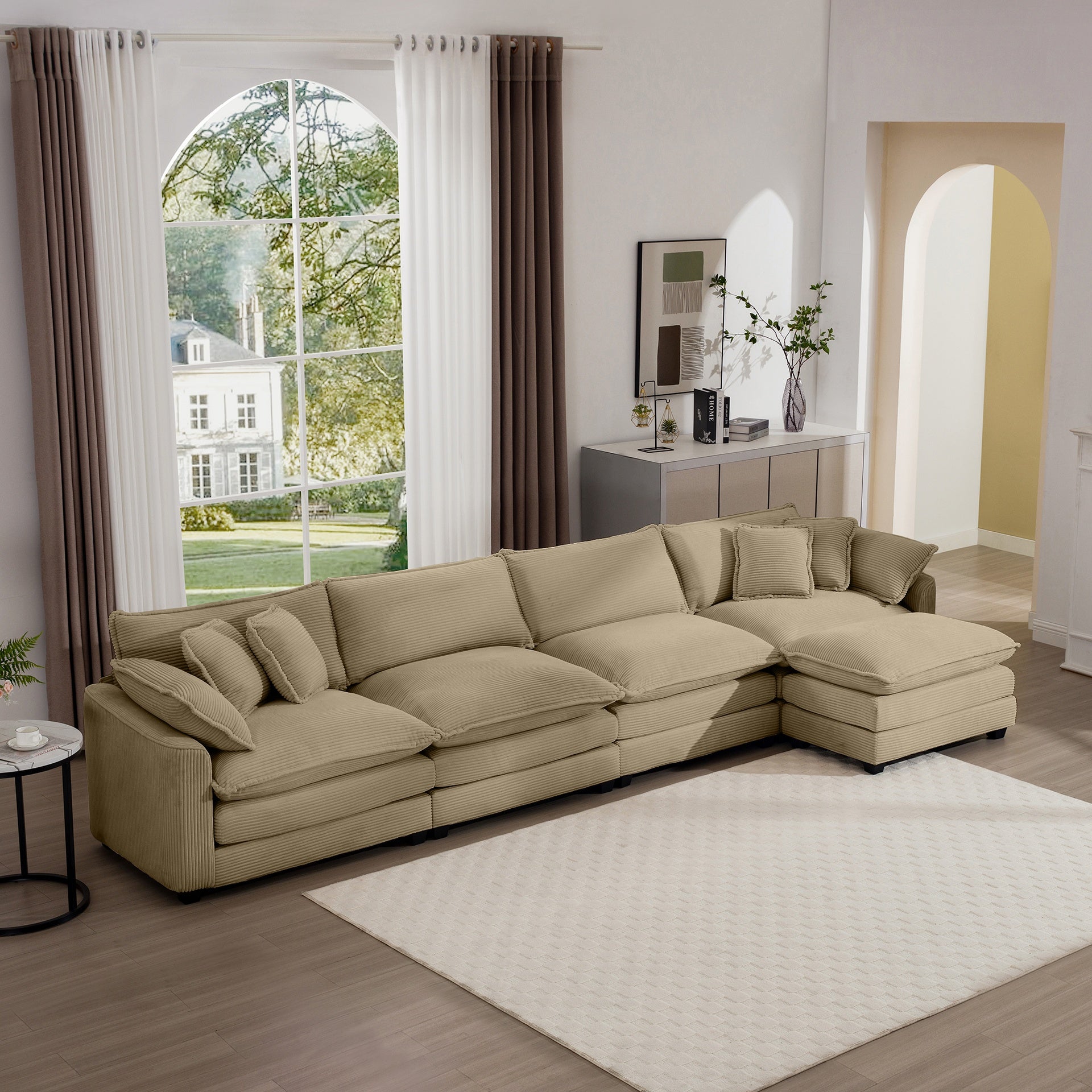 Corduroy Sofa - Modern Upholstered 4 Seater with with 1 Footstool Corduroy Fabric Sofa , Office Living Room Apartment Comfort Sofa, Easy to Assemble with 2 Arm Pillows and 4 Throw Pillows
