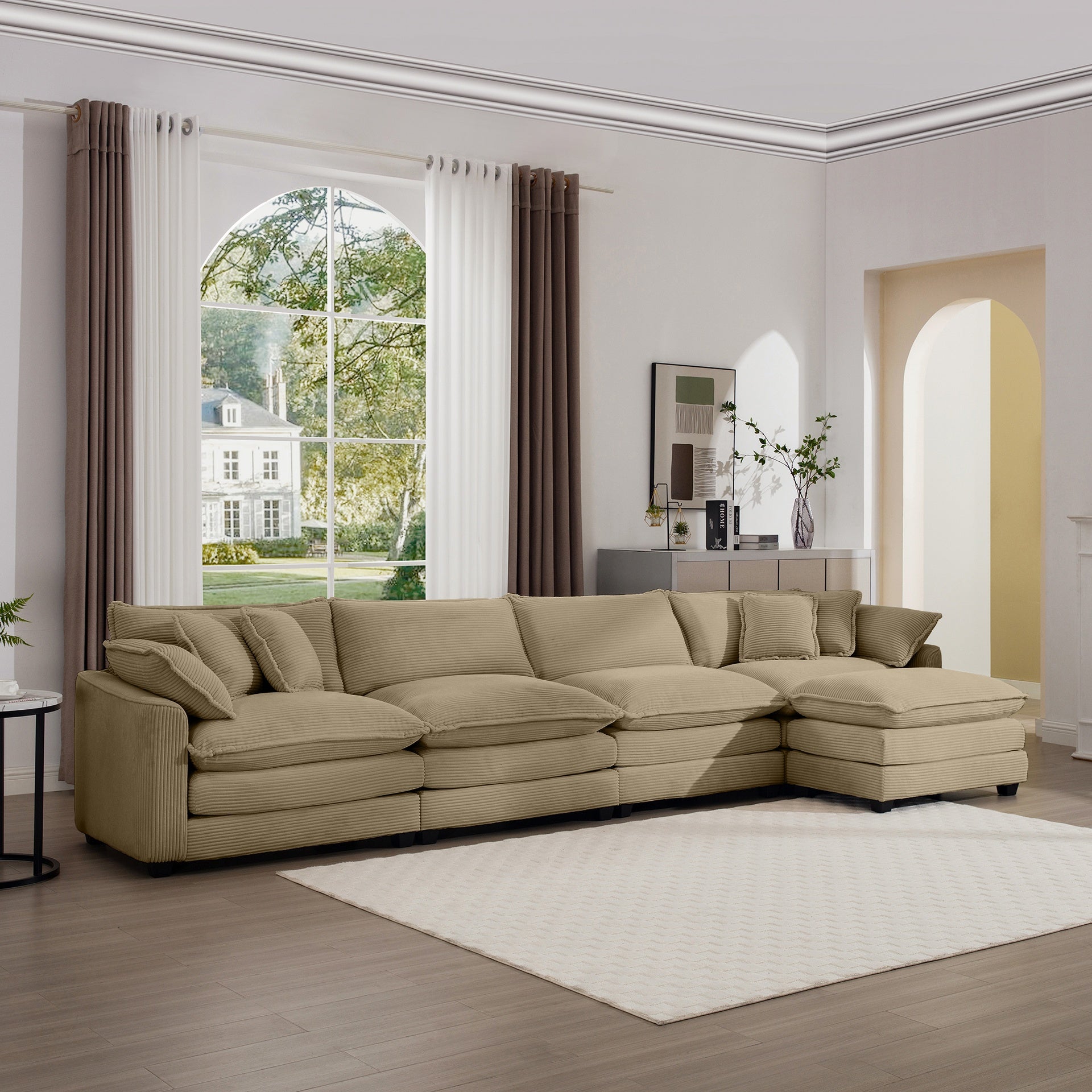 Corduroy Sofa - Modern Upholstered 4 Seater with with 1 Footstool Corduroy Fabric Sofa , Office Living Room Apartment Comfort Sofa, Easy to Assemble with 2 Arm Pillows and 4 Throw Pillows