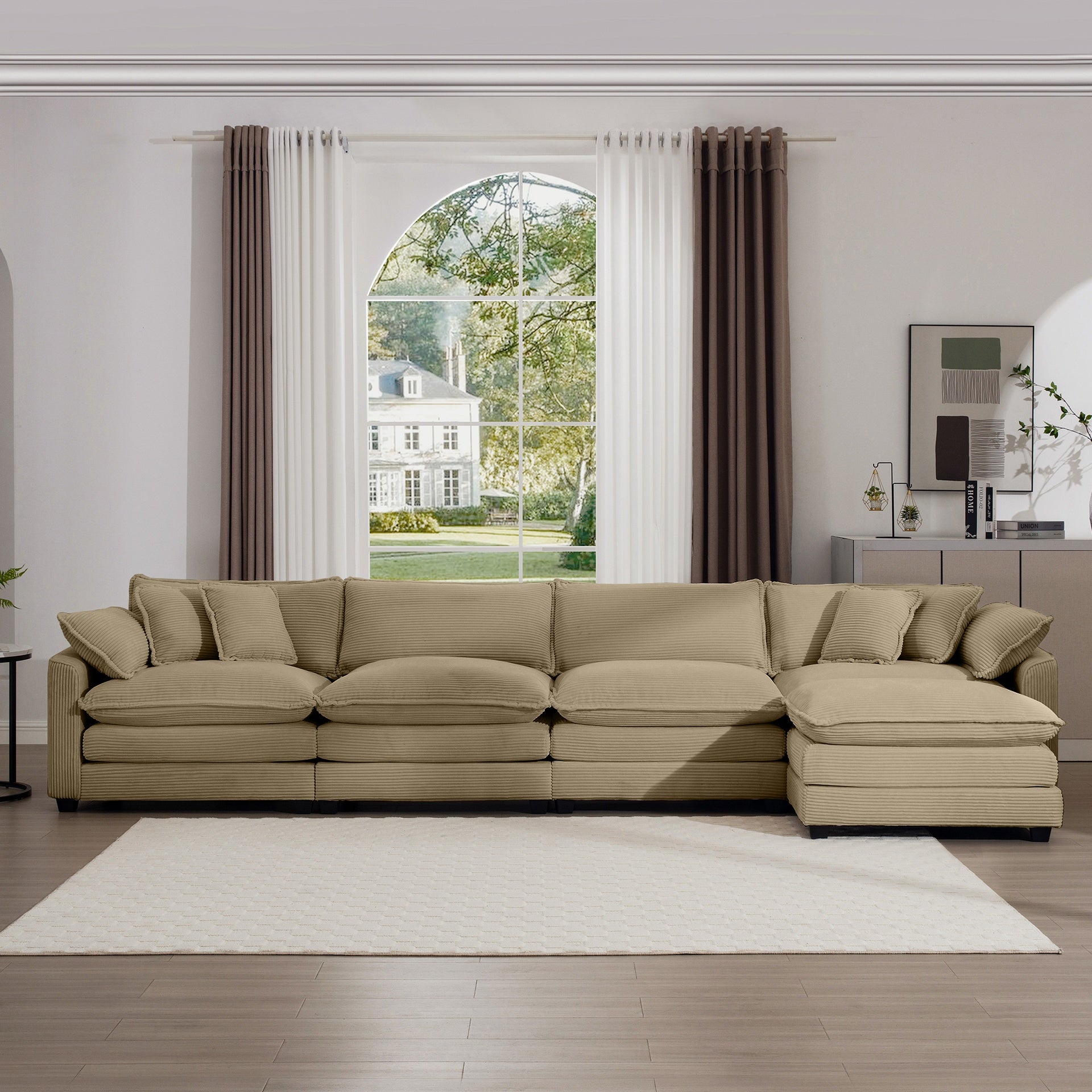 Corduroy Sofa - Modern Upholstered 4 Seater with with 1 Footstool Corduroy Fabric Sofa , Office Living Room Apartment Comfort Sofa, Easy to Assemble with 2 Arm Pillows and 4 Throw Pillows