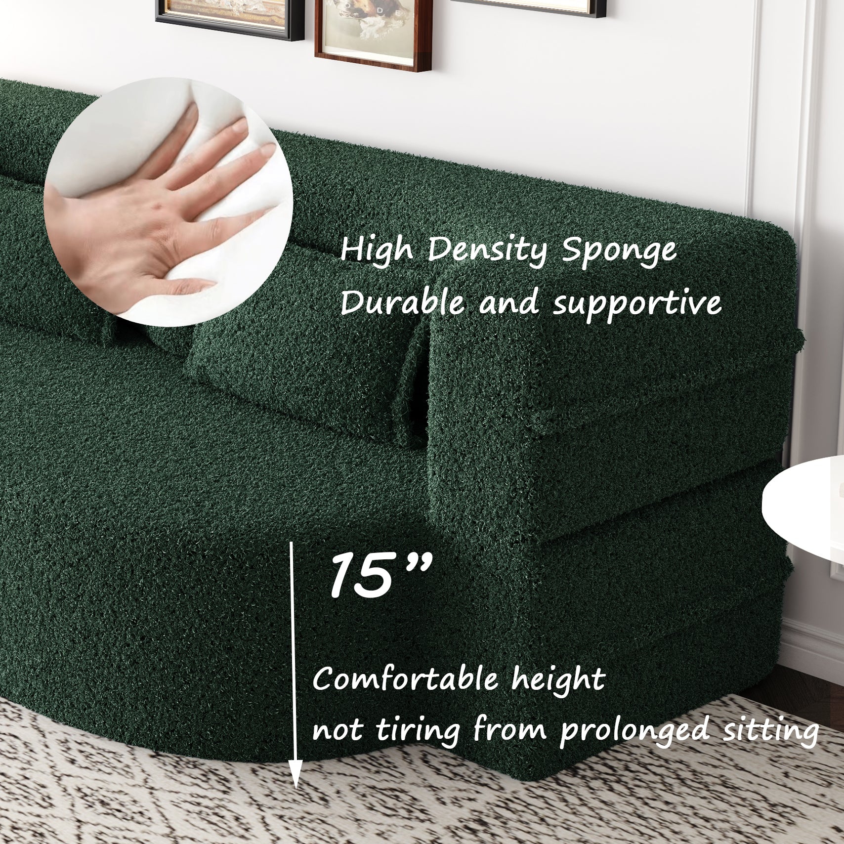 Modern Floor Sofa with 2 Pillows,Convertible Teddy Fabric Foam-Filled Sleeper Sofa Bed,15" Full Size Folding Mattress for Living Room,Guest Bed,Playroom,no assembly required,Green