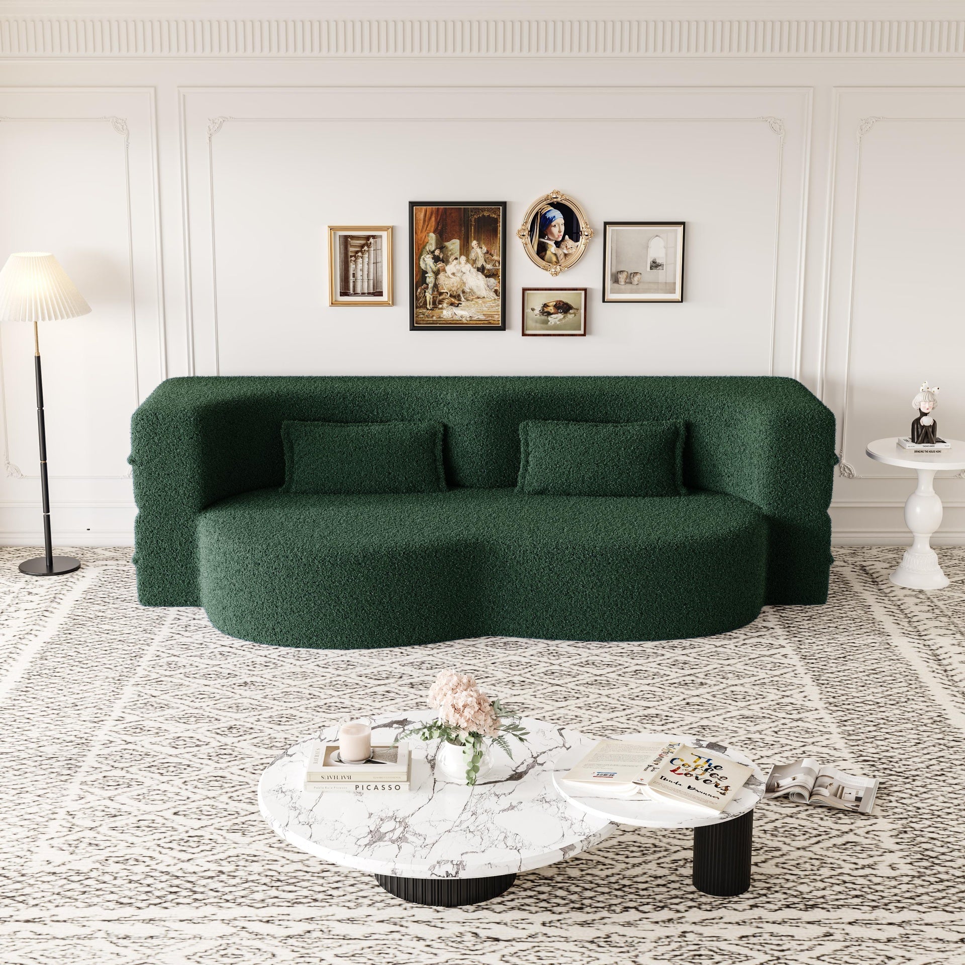 Modern Floor Sofa with 2 Pillows,Convertible Teddy Fabric Foam-Filled Sleeper Sofa Bed,15" Full Size Folding Mattress for Living Room,Guest Bed,Playroom,no assembly required,Green