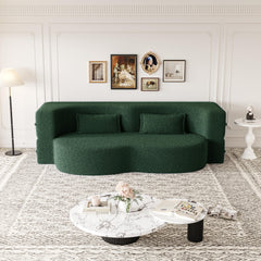 Modern Floor Sofa with 2 Pillows,Convertible Teddy Fabric Foam-Filled Sleeper Sofa Bed,15" Full Size Folding Mattress for Living Room,Guest Bed,Playroom,no assembly required,Green